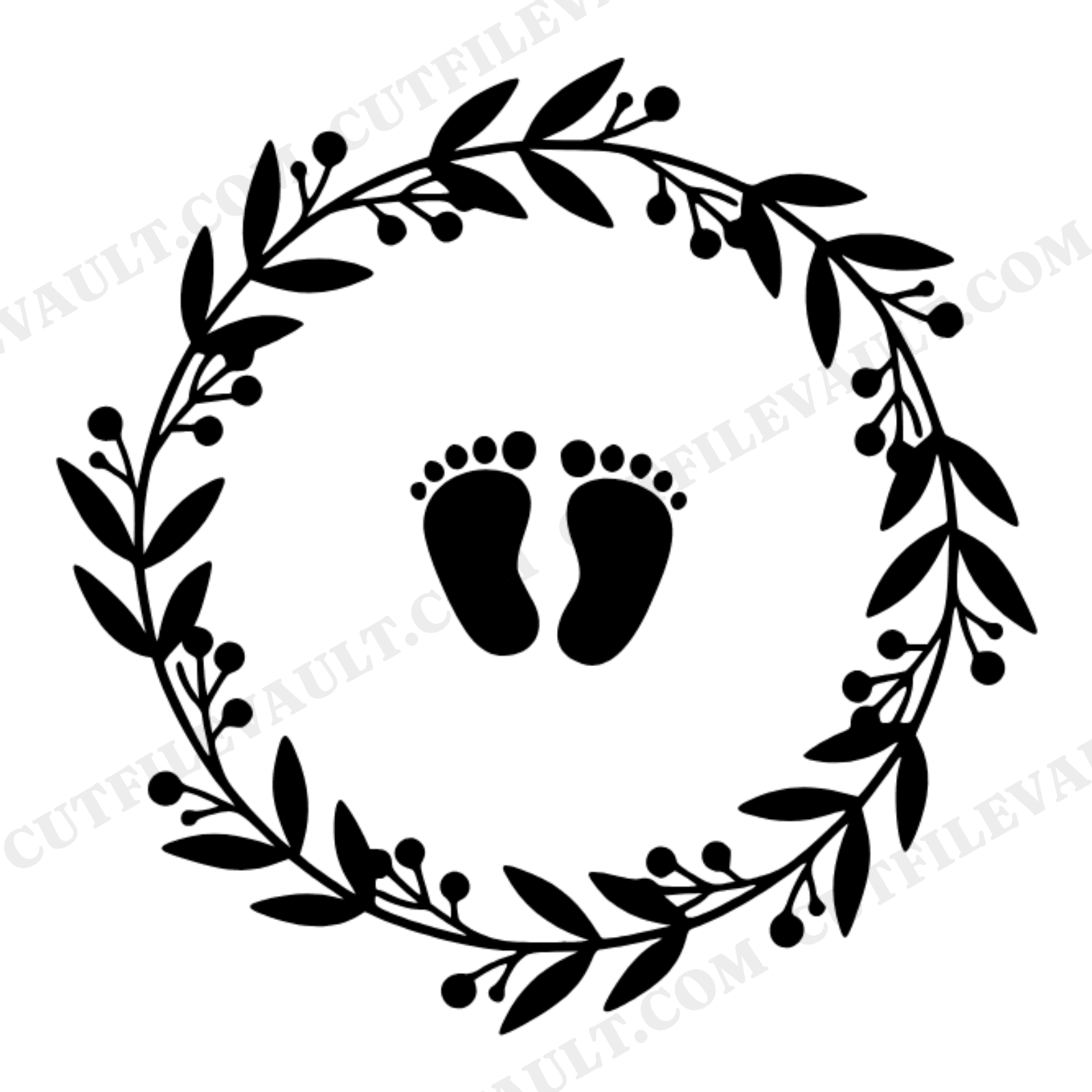 Baby Footprints Botanical Wreath SVG PNG New Year Birth Announcement Nursery Wall Art Cut File, view 1