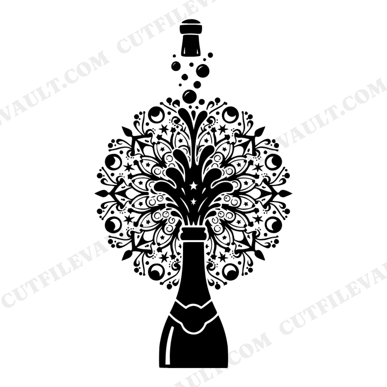 Celestial Champagne Bottle Graduation Mandala SVG PNG, Cosmic Burst Cut File for Party Decor, view 1
