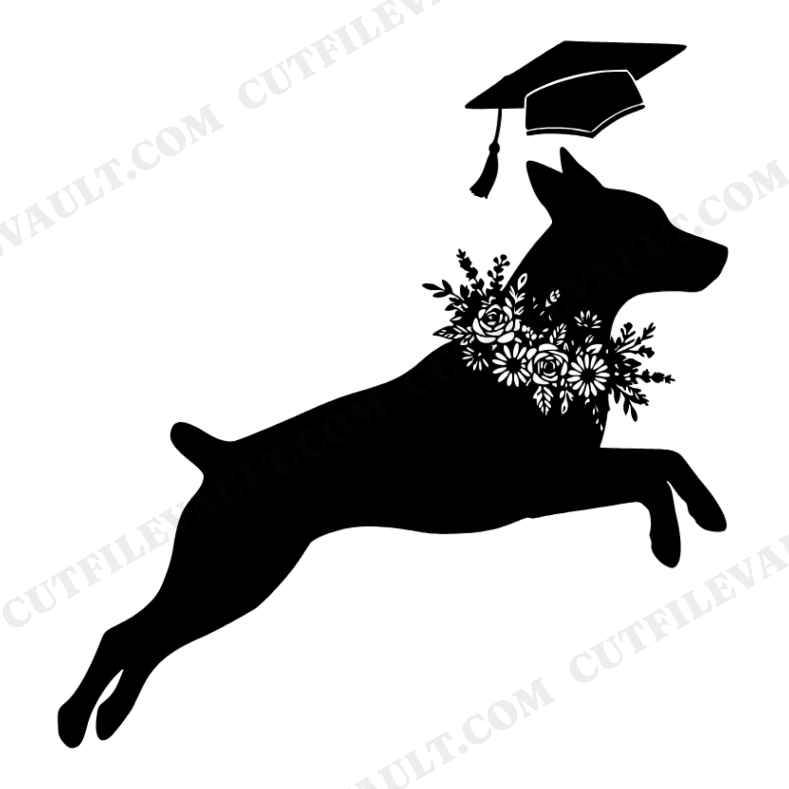 Graduation Dog SVG PNG, Leaping Pup with Wildflower Wreath, Cottagecore Floral Graduate Cut File