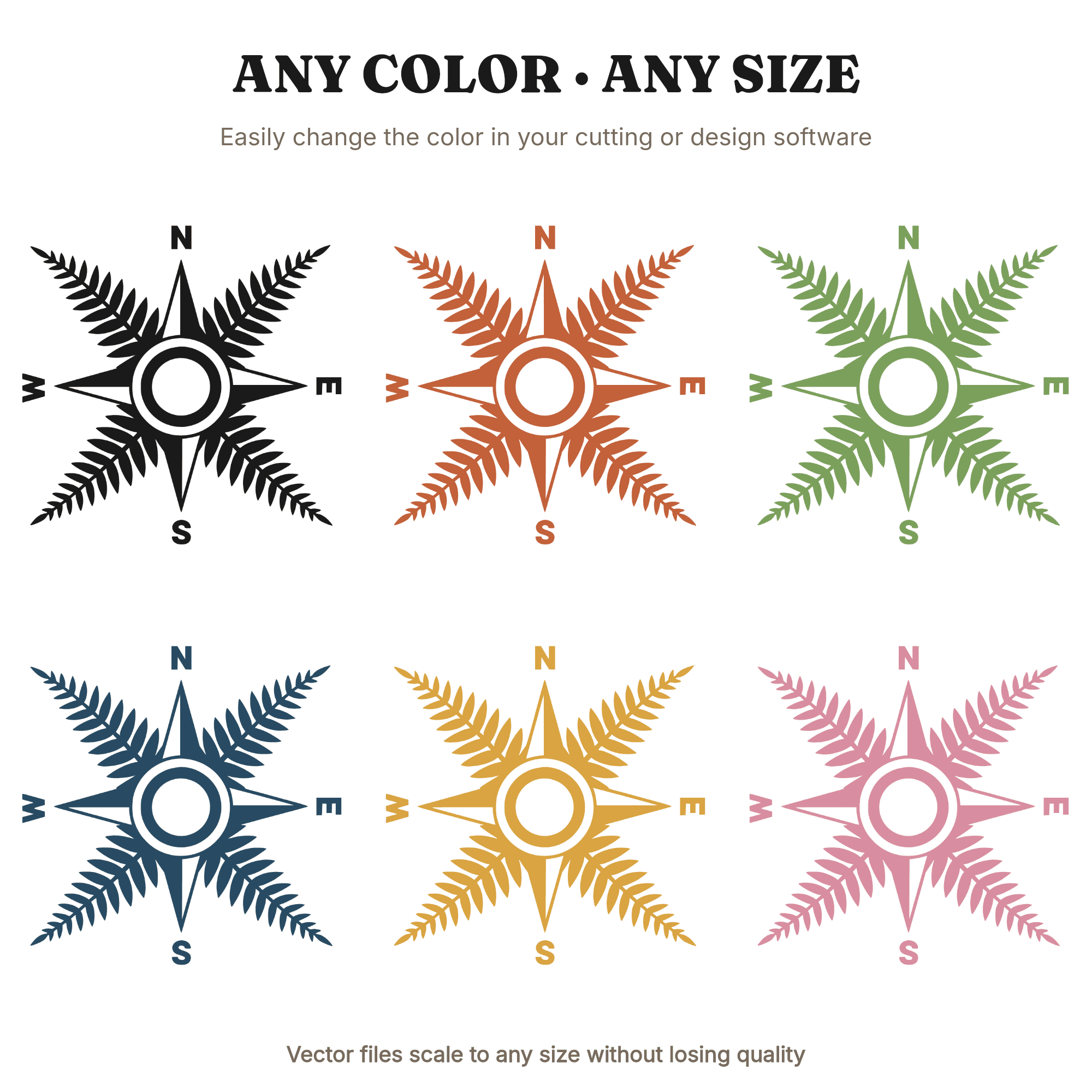 Compass Rose Fern SVG PNG Mother's Day Guide Vintage Botanical Cut File Brutalist Design, view 2