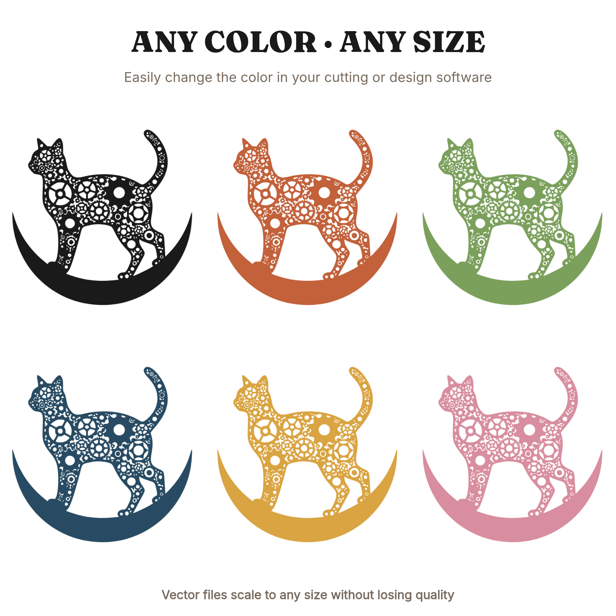 Steampunk Cat on Crescent Moon SVG PNG, Halloween Black Cat Silhouette Cut File, Boho Spooky Decor, view 2