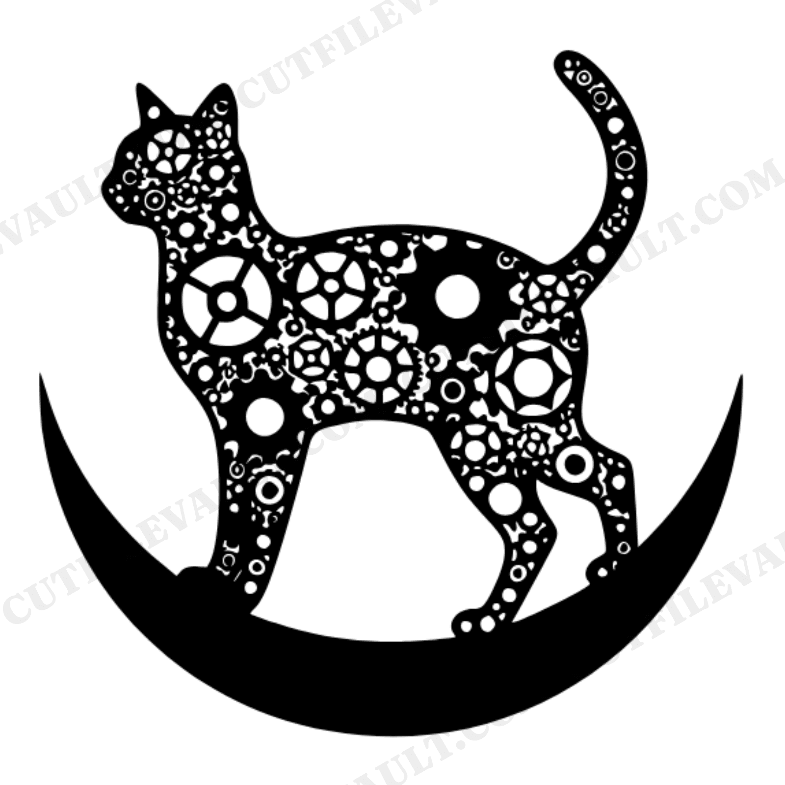 Steampunk Cat on Crescent Moon SVG PNG, Halloween Black Cat Silhouette Cut File, Boho Spooky Decor, view 1
