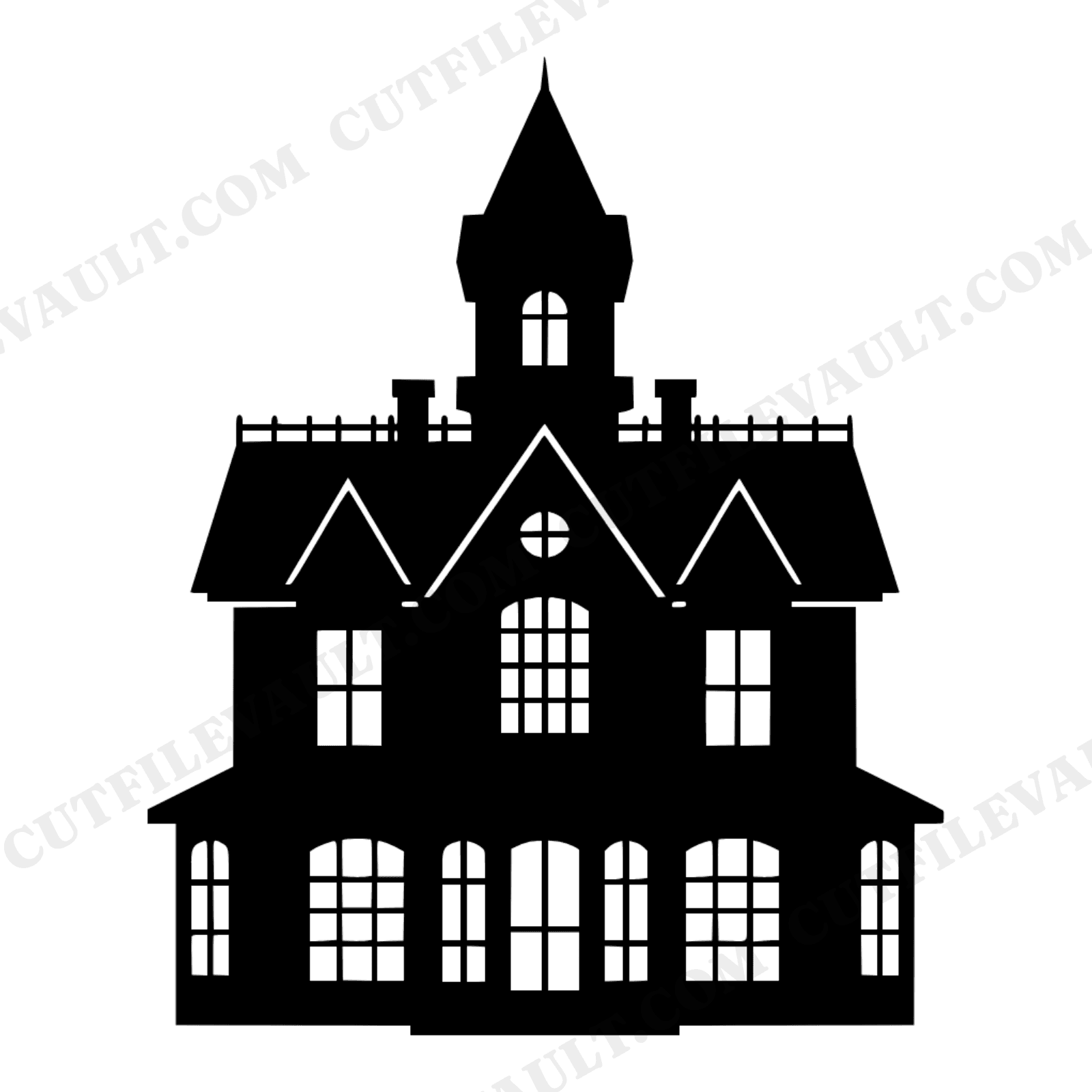 Victorian Haunted Manor SVG PNG, Gothic Halloween House Cut File, Symmetrical Window Silhouette, view 1