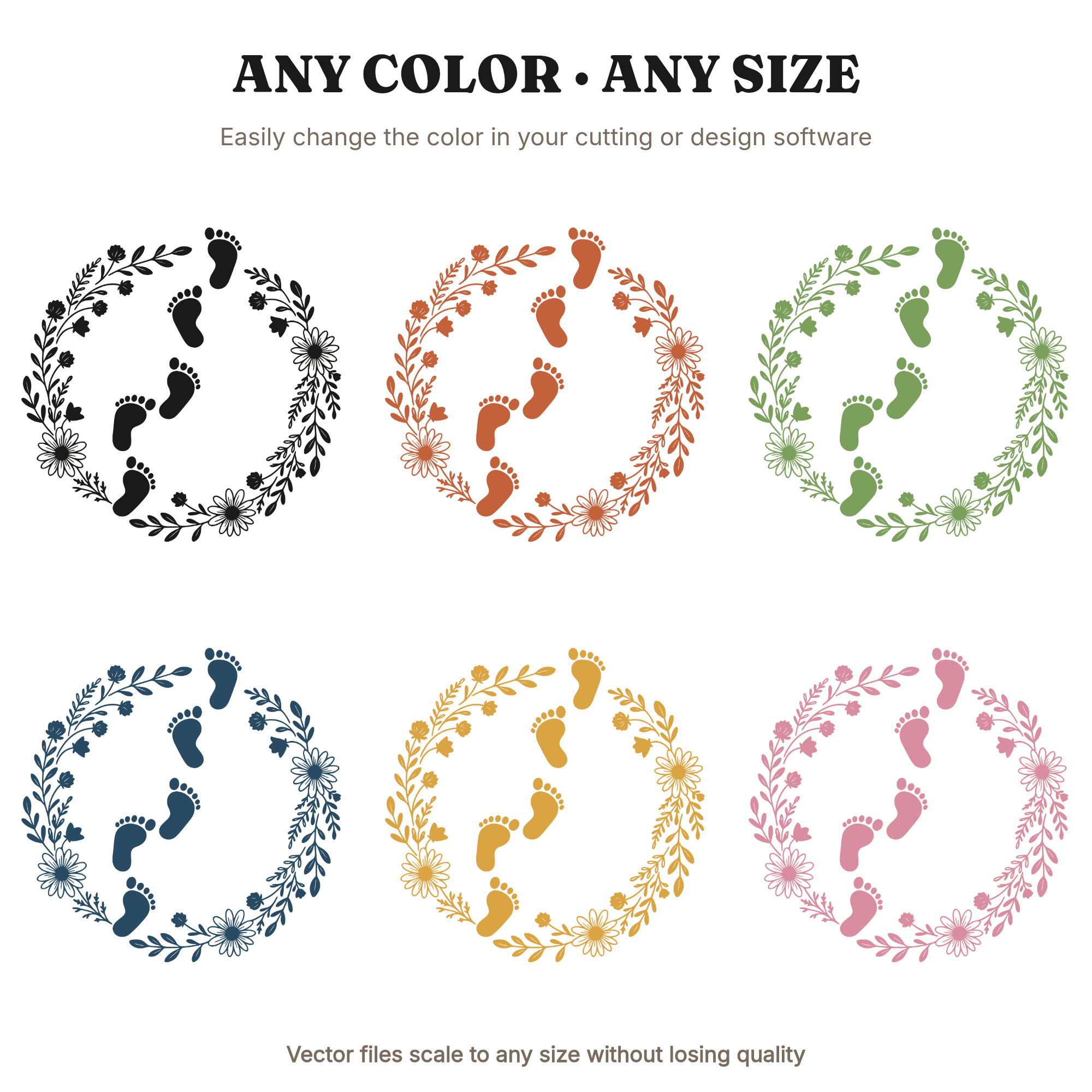 Baby Footprints Floral Wreath SVG PNG, Diagonal Cottagecore Nursery Wall Art Mother's Day Cut File, view 2