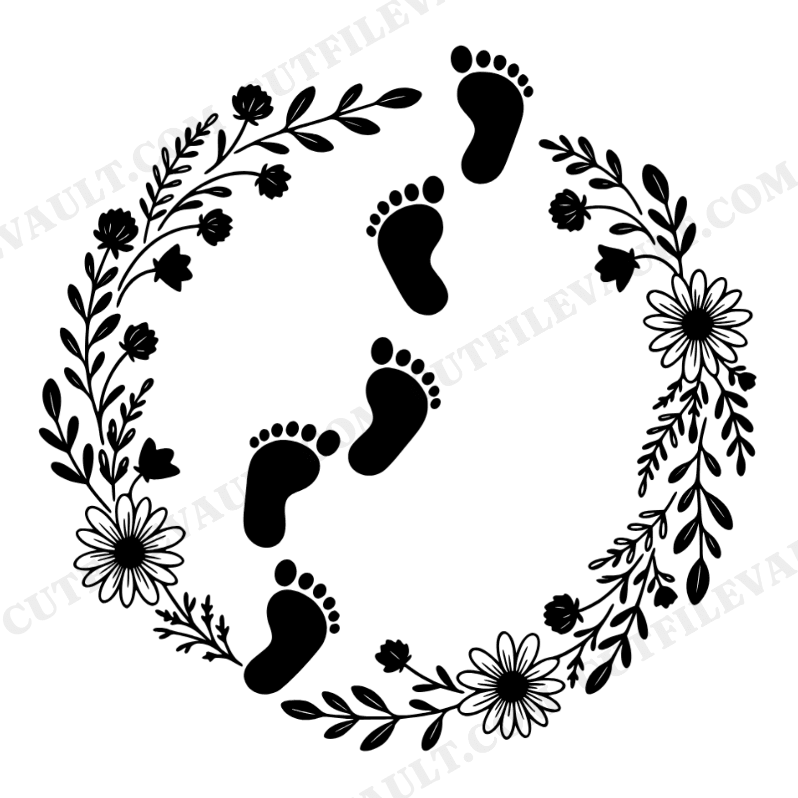 Baby Footprints Floral Wreath SVG PNG, Diagonal Cottagecore Nursery Wall Art Mother's Day Cut File, view 1