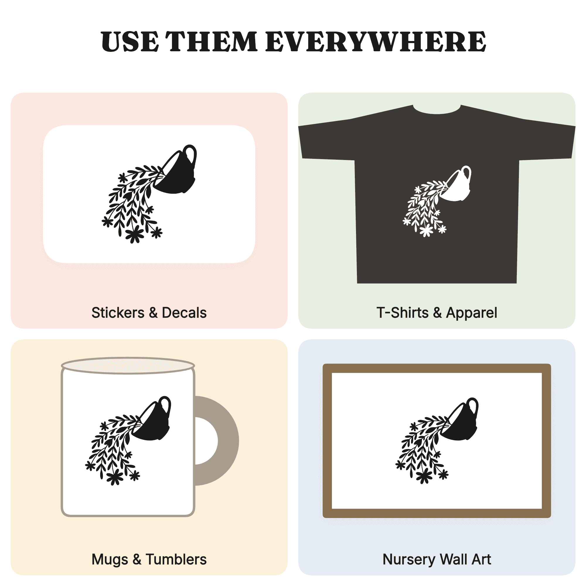 Tilted Teacup with Wildflowers SVG PNG, Cottagecore Mother's Day Silhouette Cut File, view 3