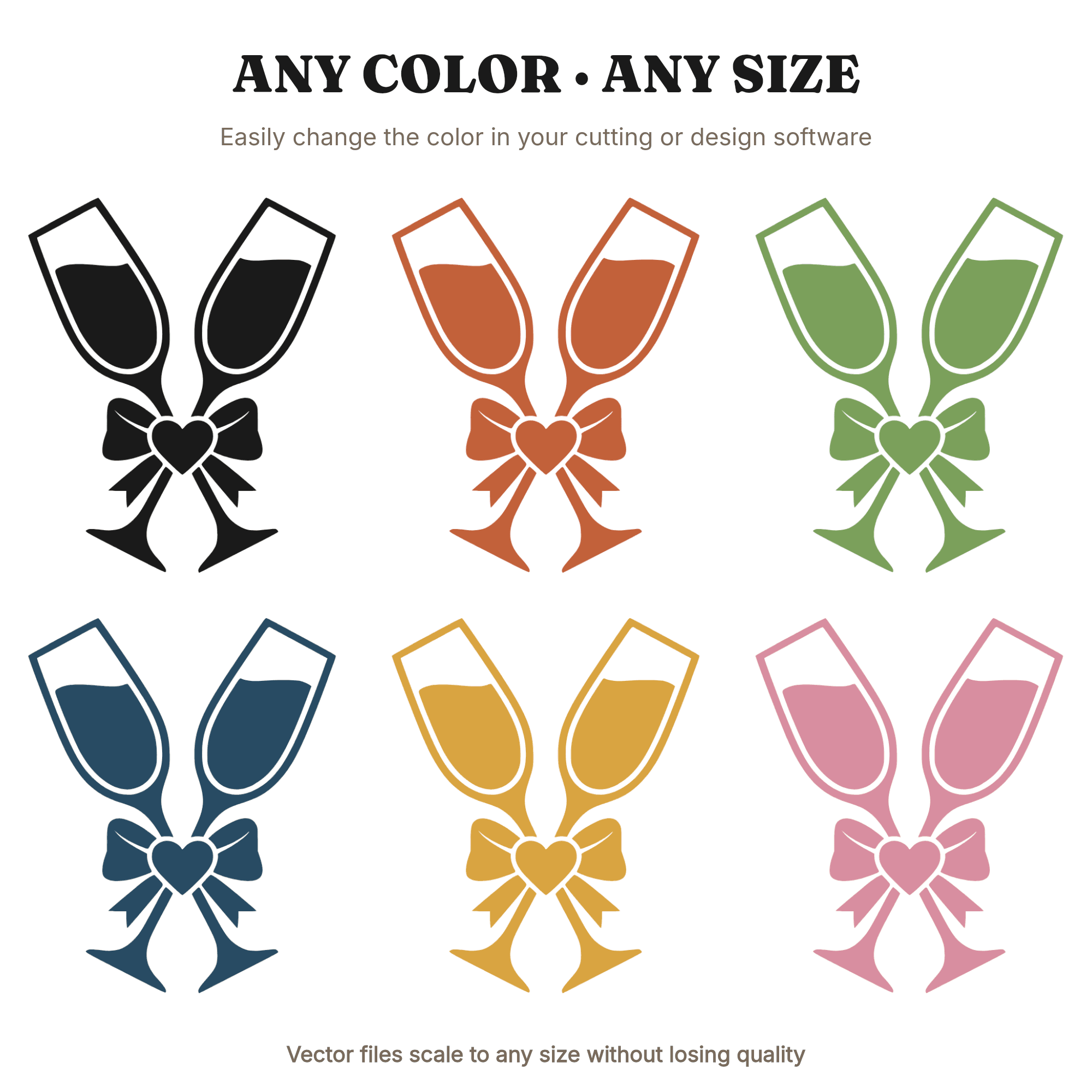 Champagne Flutes SVG PNG, Heart Ribbon Bow Cut File, Mid Century Wedding Valentine Anniversary, view 2