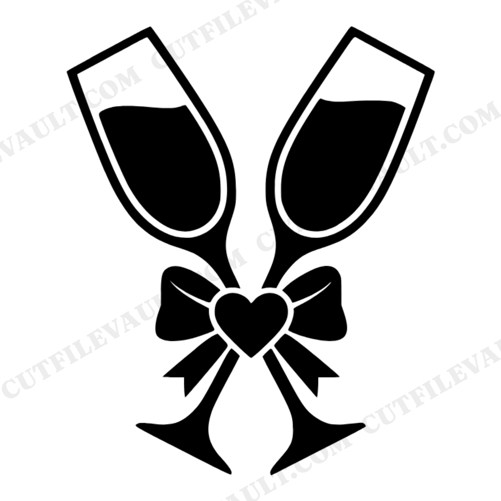 Champagne Flutes SVG PNG, Heart Ribbon Bow Cut File, Mid Century Wedding Valentine Anniversary, view 1