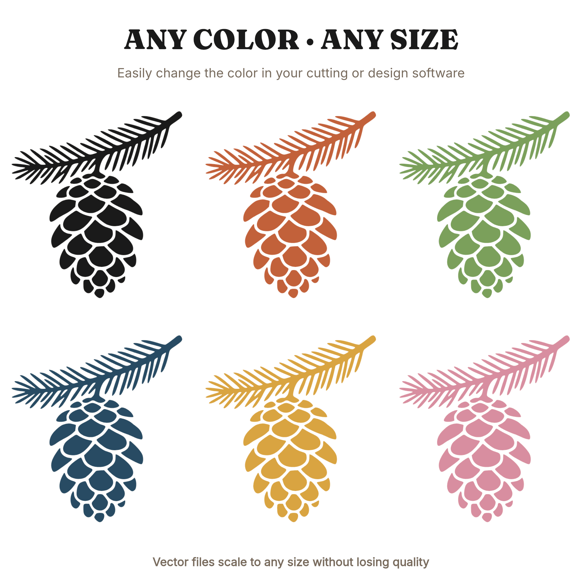 Pinecone Branch SVG, Winter Botanical Silhouette PNG, Retro 70s Wave Line Art Cut File, view 2
