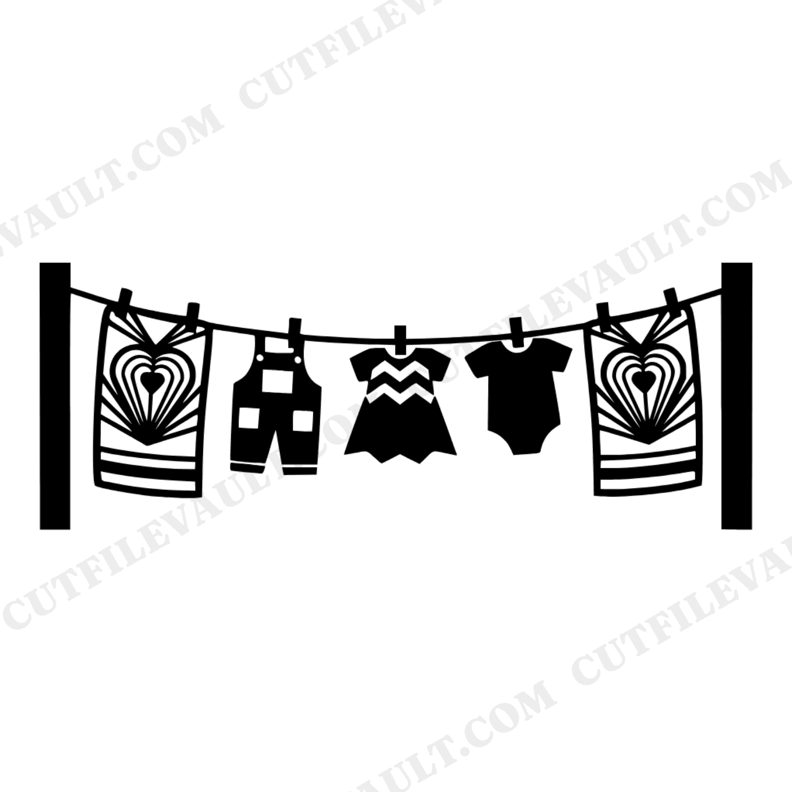 Farmhouse Clothesline SVG PNG, Art Deco Baby Clothes Hearts Laundry Cut File, Rustic Kitchen Nursery, view 1