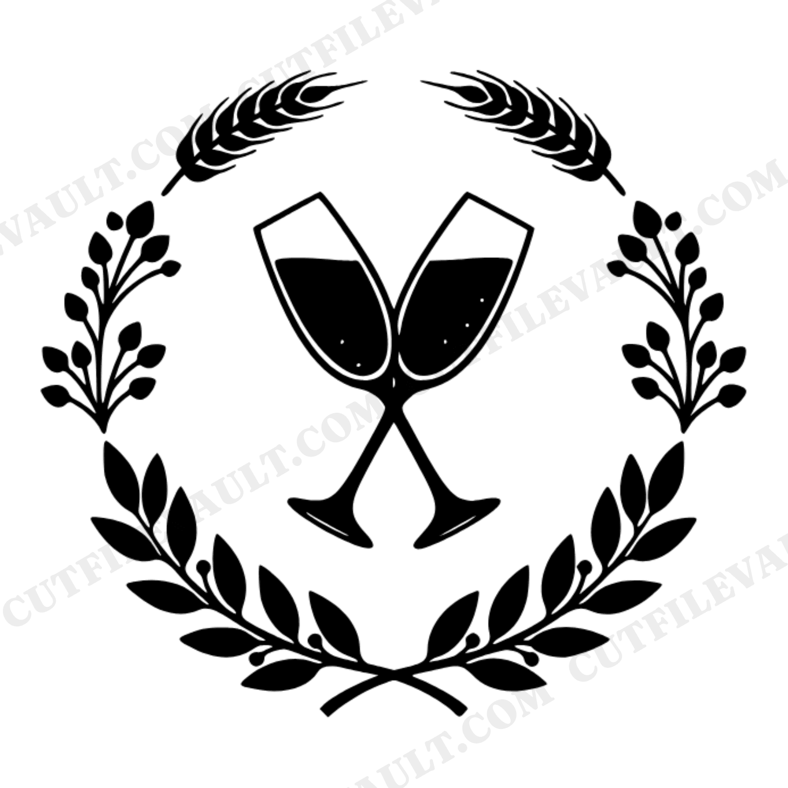 Crossed Champagne Flutes SVG PNG, Wheat Laurel Wreath Cut File, Friendsgiving Thanksgiving Decor, view 1