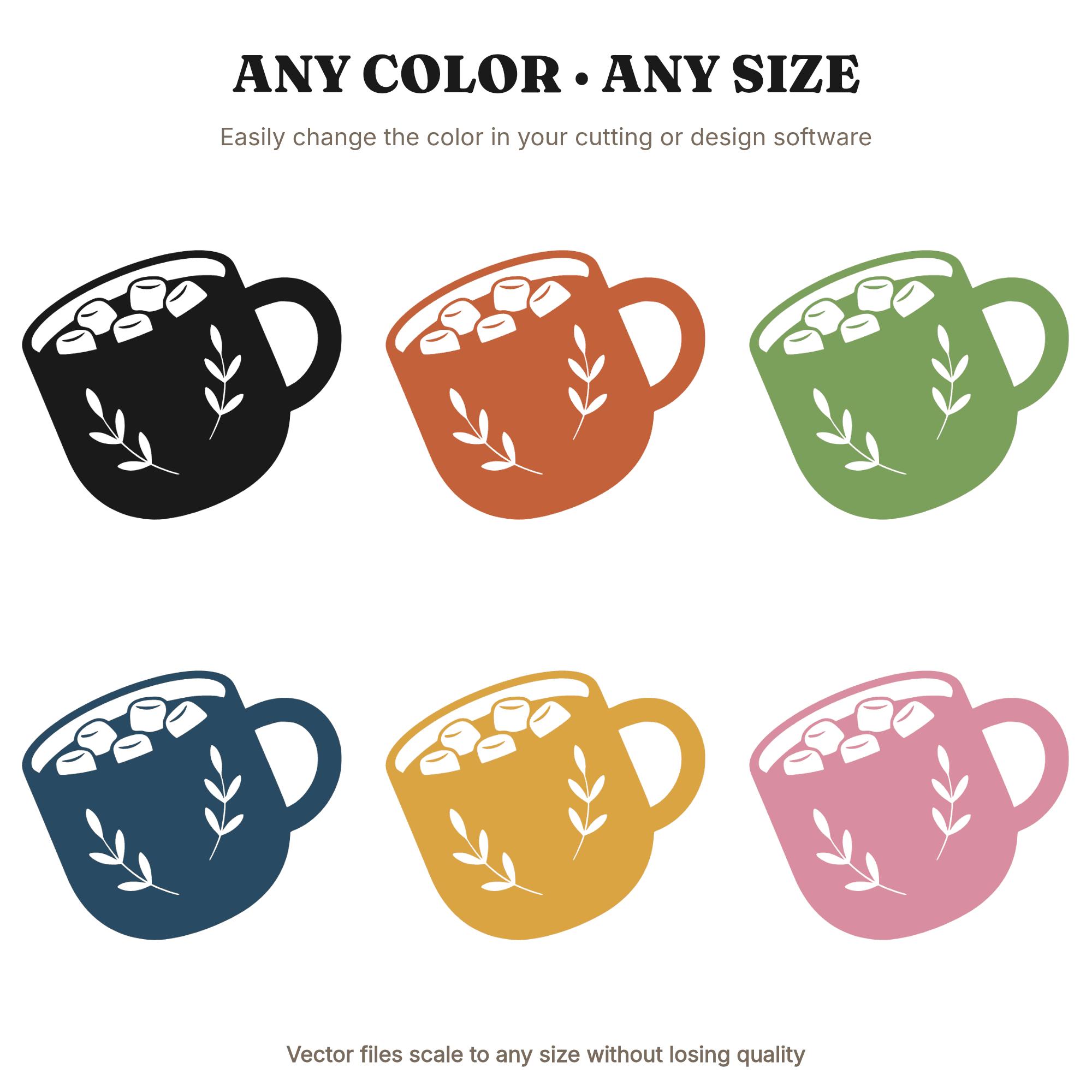 Hot Cocoa Mug SVG PNG, Tilted Mug with Marshmallows and Floral Sprigs, Cottagecore Winter SVG, view 2