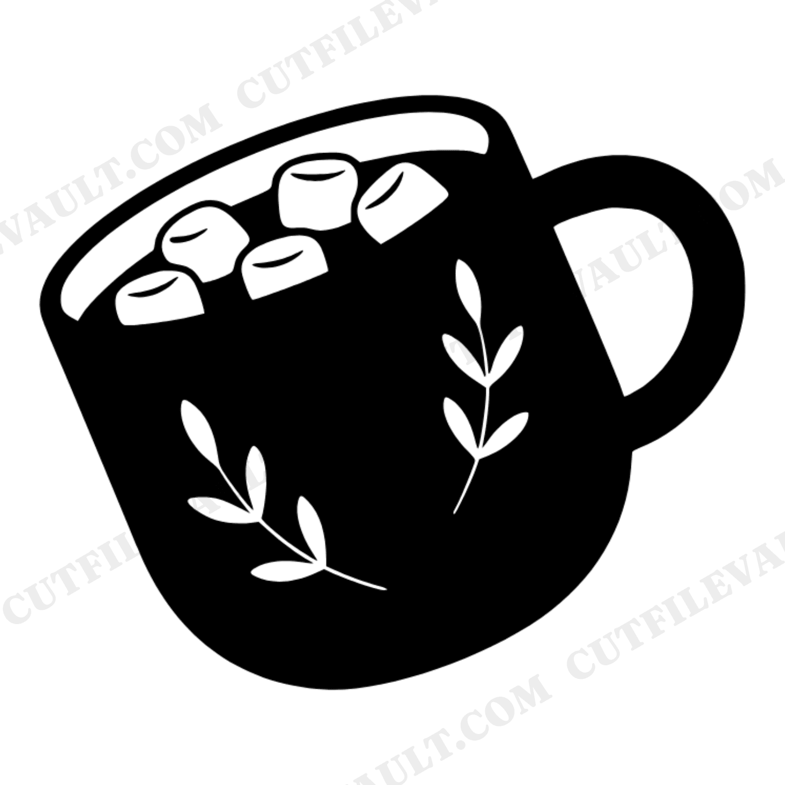 Hot Cocoa Mug SVG PNG, Tilted Mug with Marshmallows and Floral Sprigs, Cottagecore Winter SVG, view 1