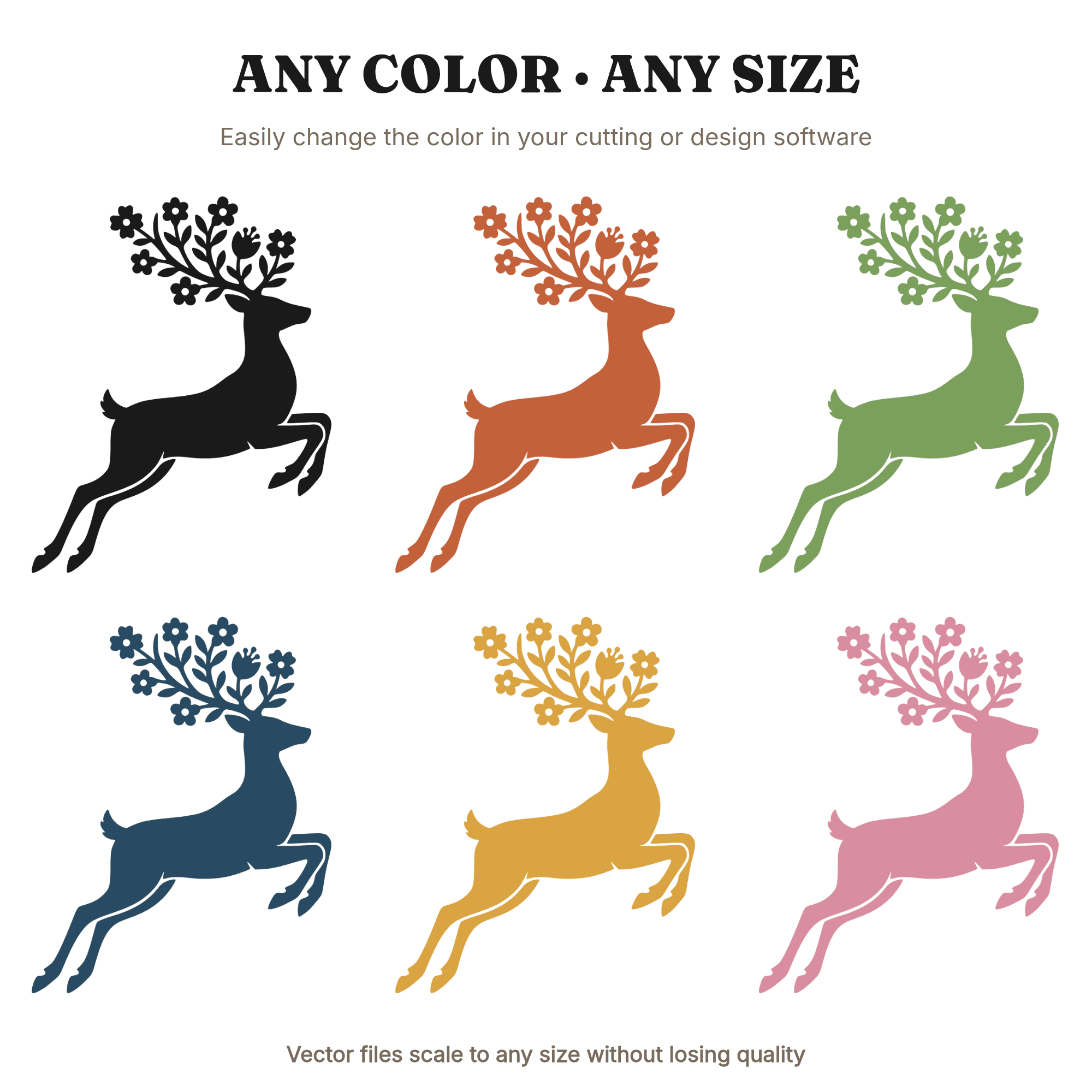 Mid Century Reindeer SVG PNG, Leaping Reindeer with Floral Antlers, Vintage Christmas Cut File, view 2