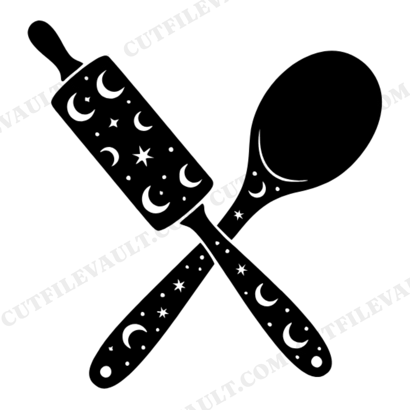 Kitchen Witch Rolling Pin SVG, Celestial Crossed Utensils PNG, Mystical Bakery Logo Cut File, view 1