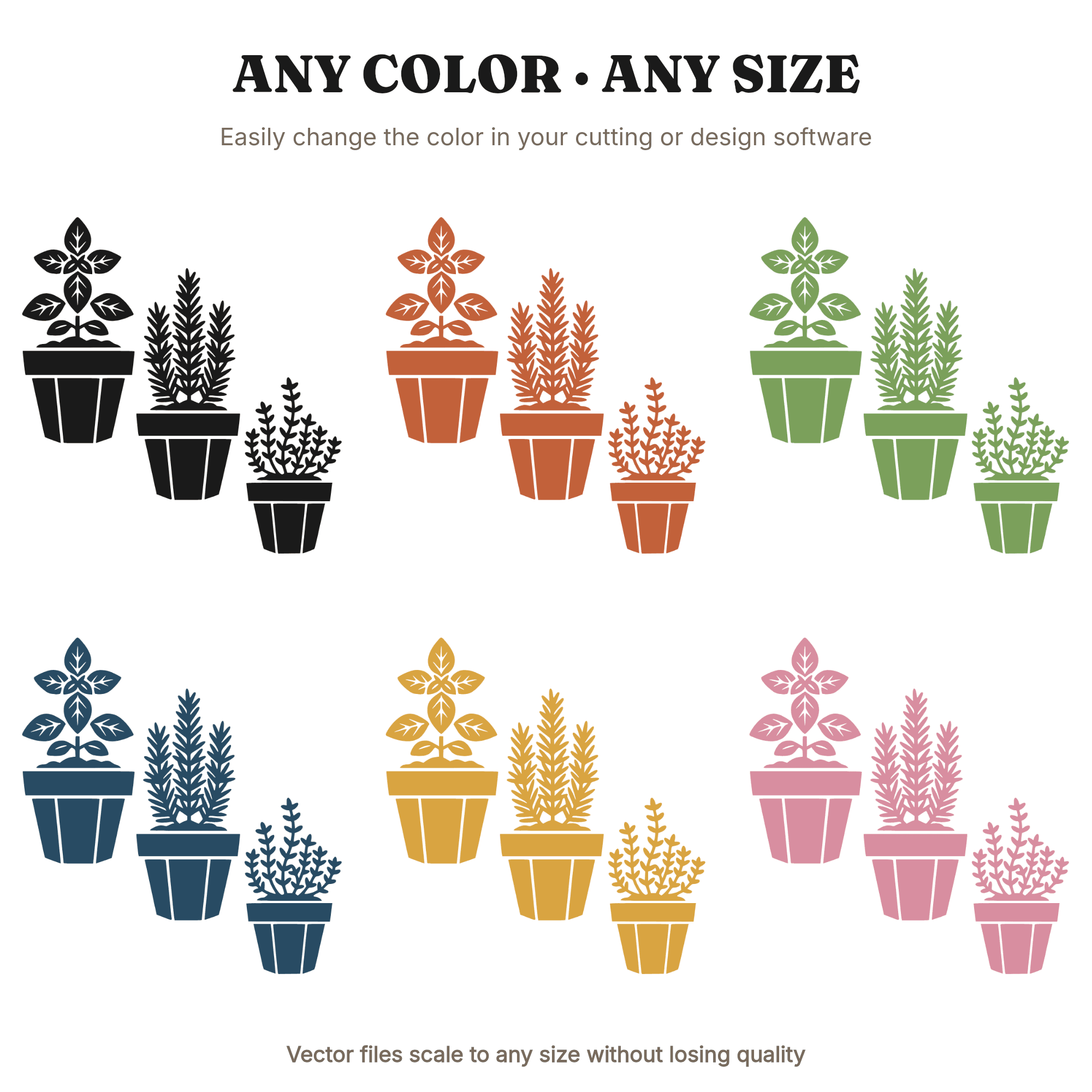 Art Deco Herb Garden SVG PNG, Three Terra Cotta Pots Cut File, Mother's Day Botanical Design, view 2