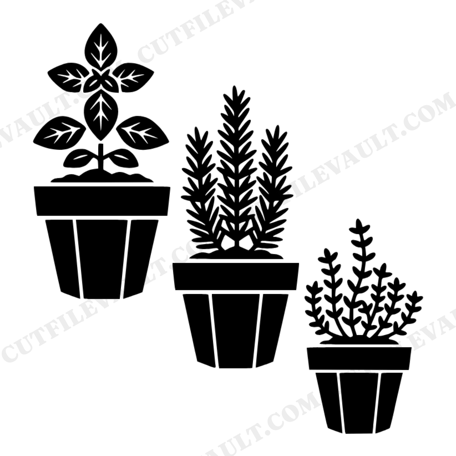 Art Deco Herb Garden SVG PNG, Three Terra Cotta Pots Cut File, Mother's Day Botanical Design, view 1