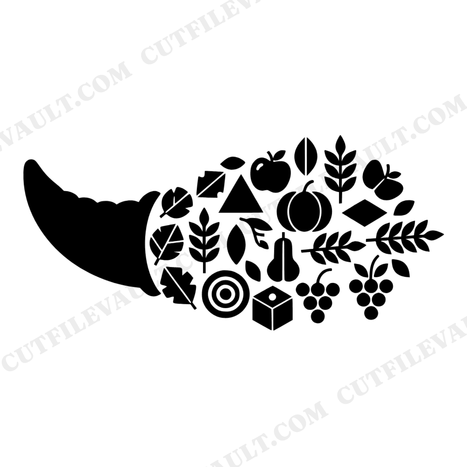 Mid Century Cornucopia SVG PNG, Thanksgiving Harvest Abundance Silhouette Cut File, view 1