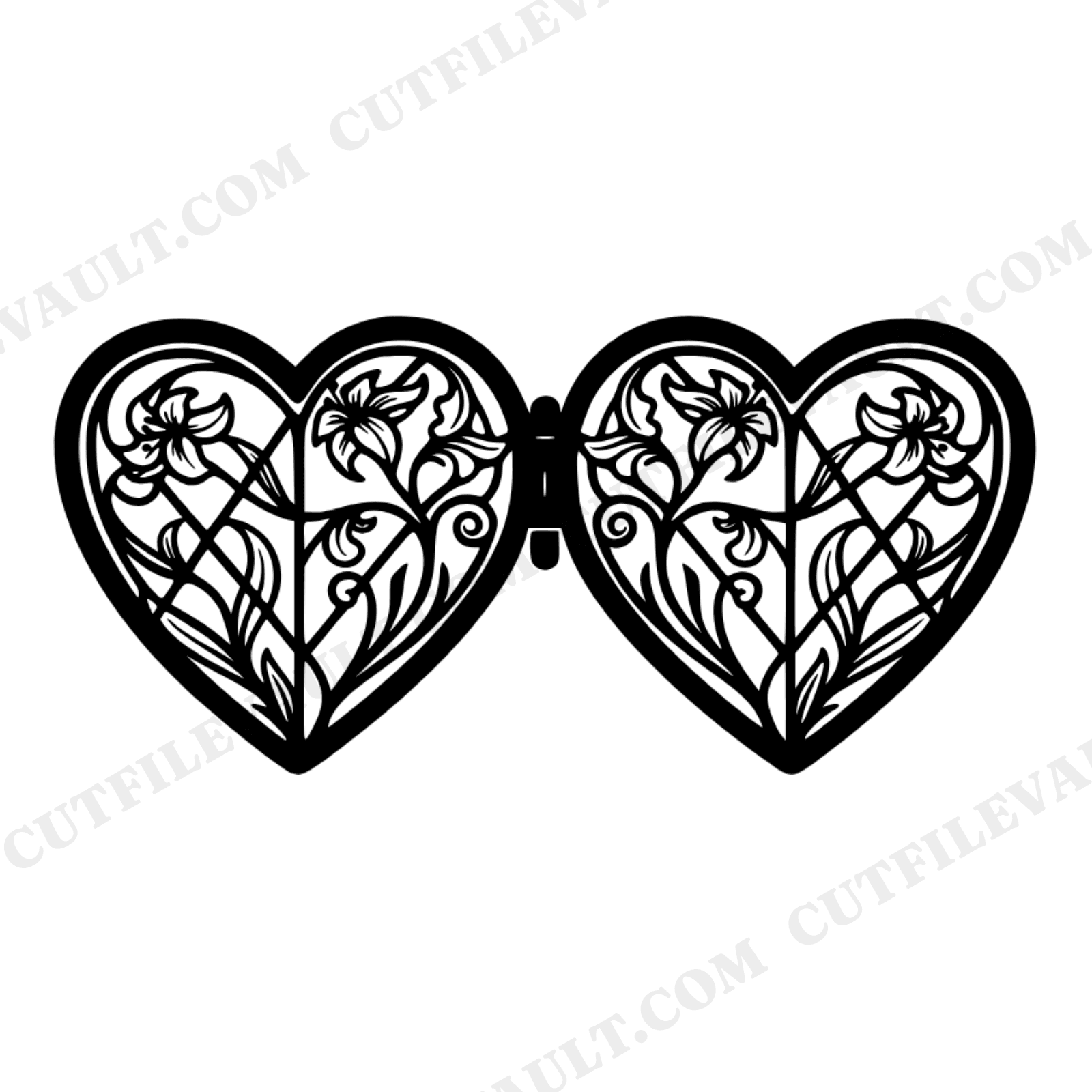 Open Locket SVG with Stained Glass Hearts PNG, Vintage Botanical Valentine Cut File for Cricut, view 1