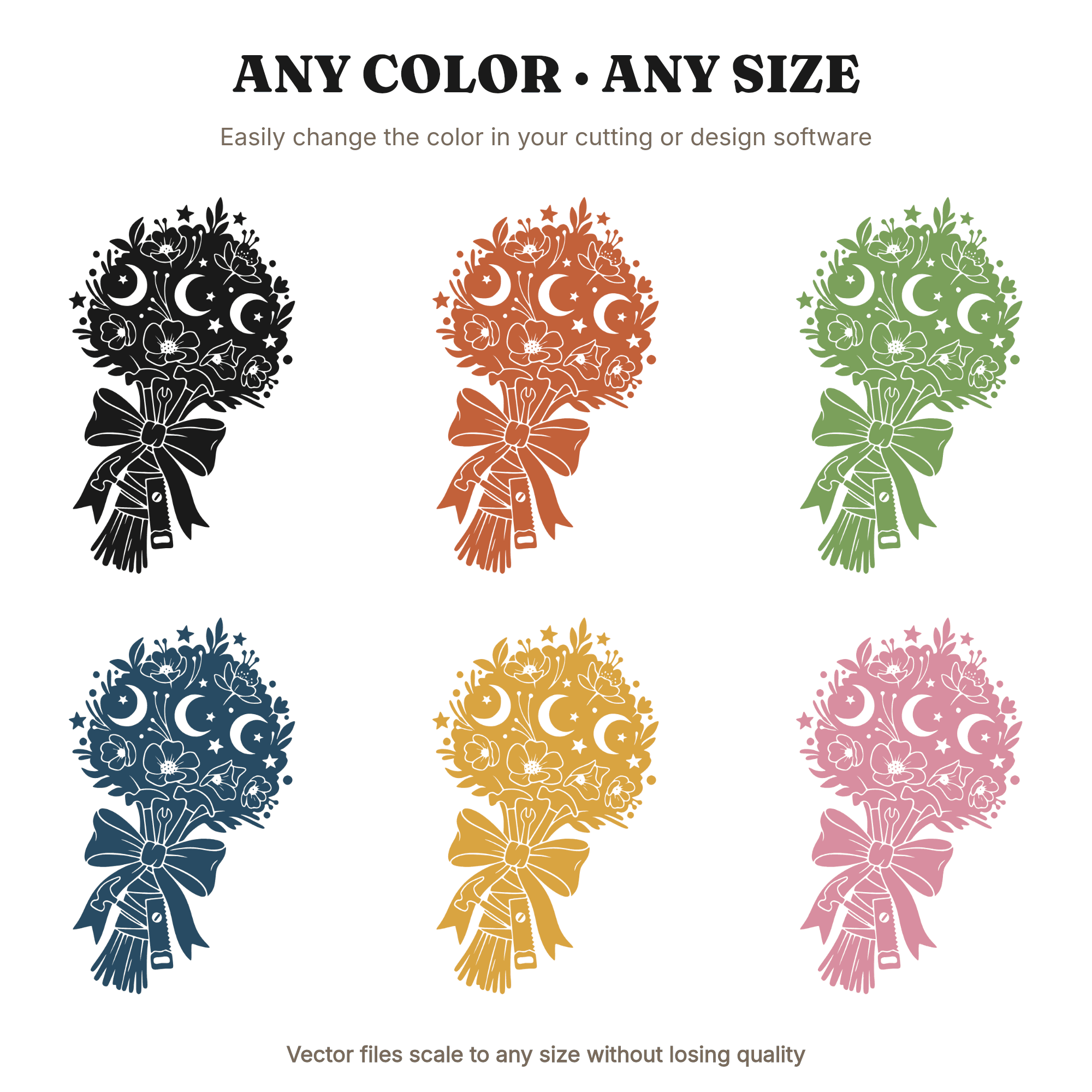 Celestial Bridal Bouquet SVG PNG with Tools, Mystical Wedding Bouquet Cut File, Stars Moon Flowers, view 2