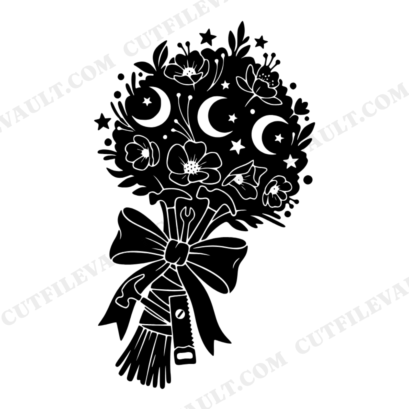 Celestial Bridal Bouquet SVG PNG with Tools, Mystical Wedding Bouquet Cut File, Stars Moon Flowers, view 1