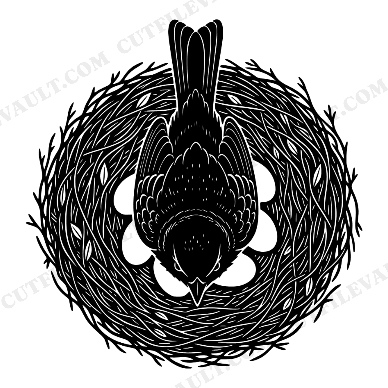 Mother Bird Nesting from Above SVG PNG, Vintage Botanical Silhouette Cut File for Mother's Day, view 1