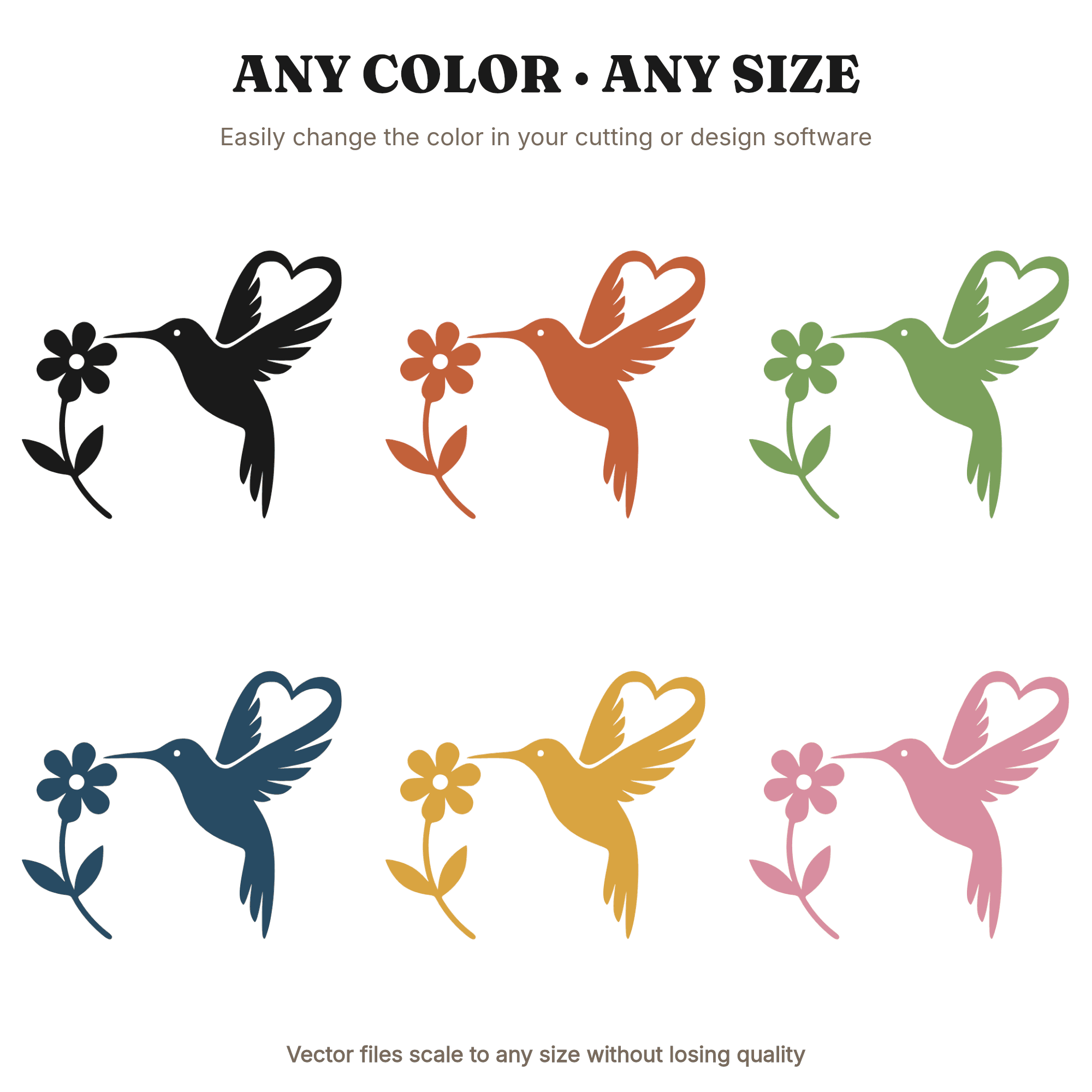 Hummingbird Heart Wings SVG PNG, Mother's Day Flower Silhouette Cut File, Mid Century Minimal, view 2