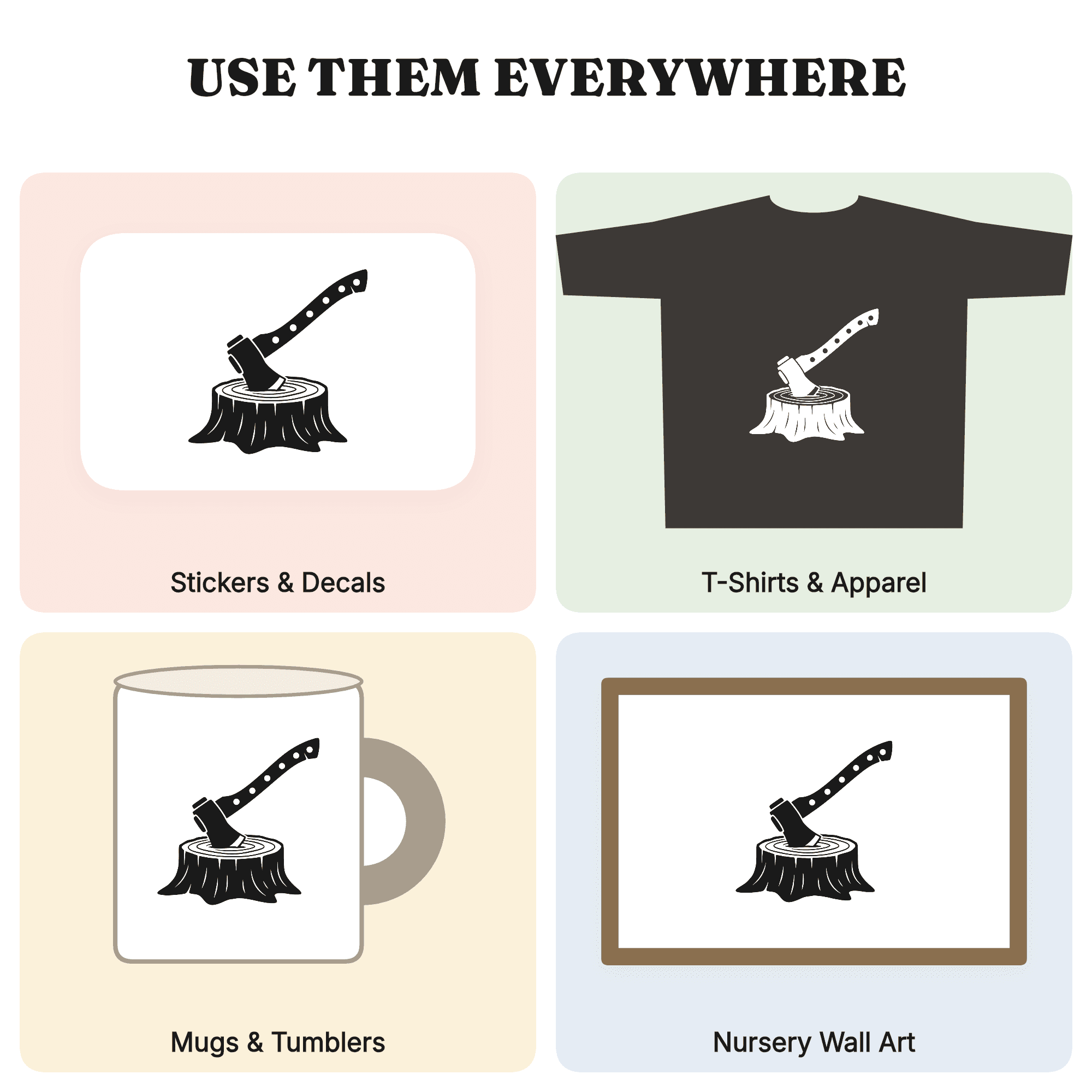 Steampunk Axe in Tree Stump SVG PNG, Camping Axe Line Art, Scandinavian Outdoor Cut File, view 3