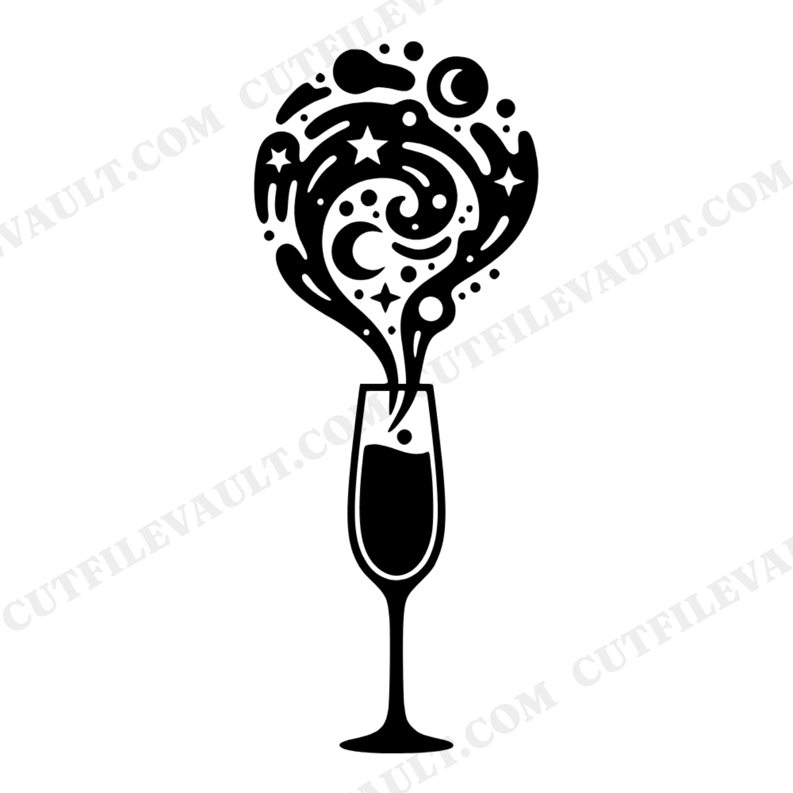 Celestial Champagne Flute SVG PNG, Retro 70s New Year Party Decor with Stars and Moon Bubbles, view 1