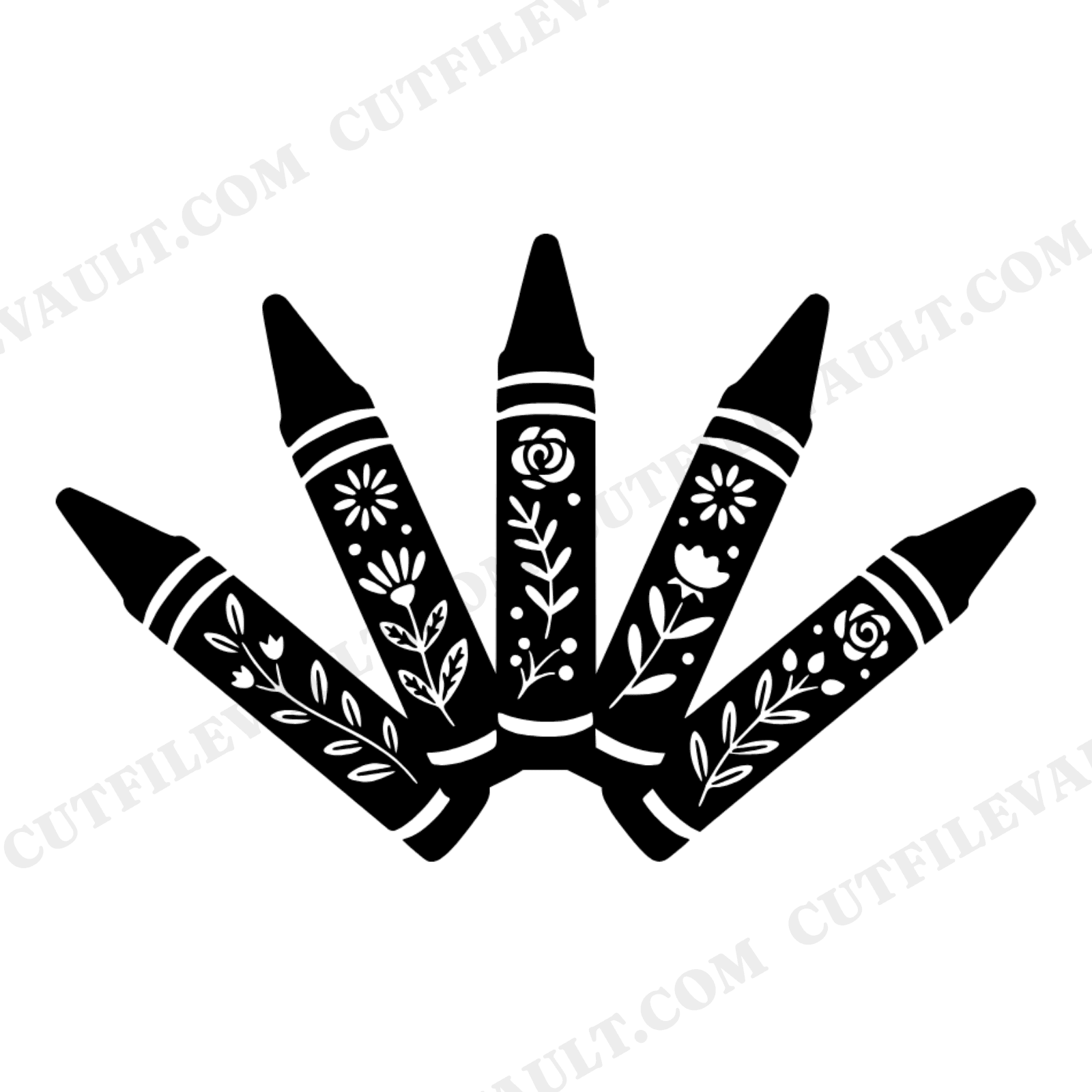 Five Crayons Fanned Half Circle with Flowers SVG PNG Cottagecore Floral Crayon Cut File, view 1