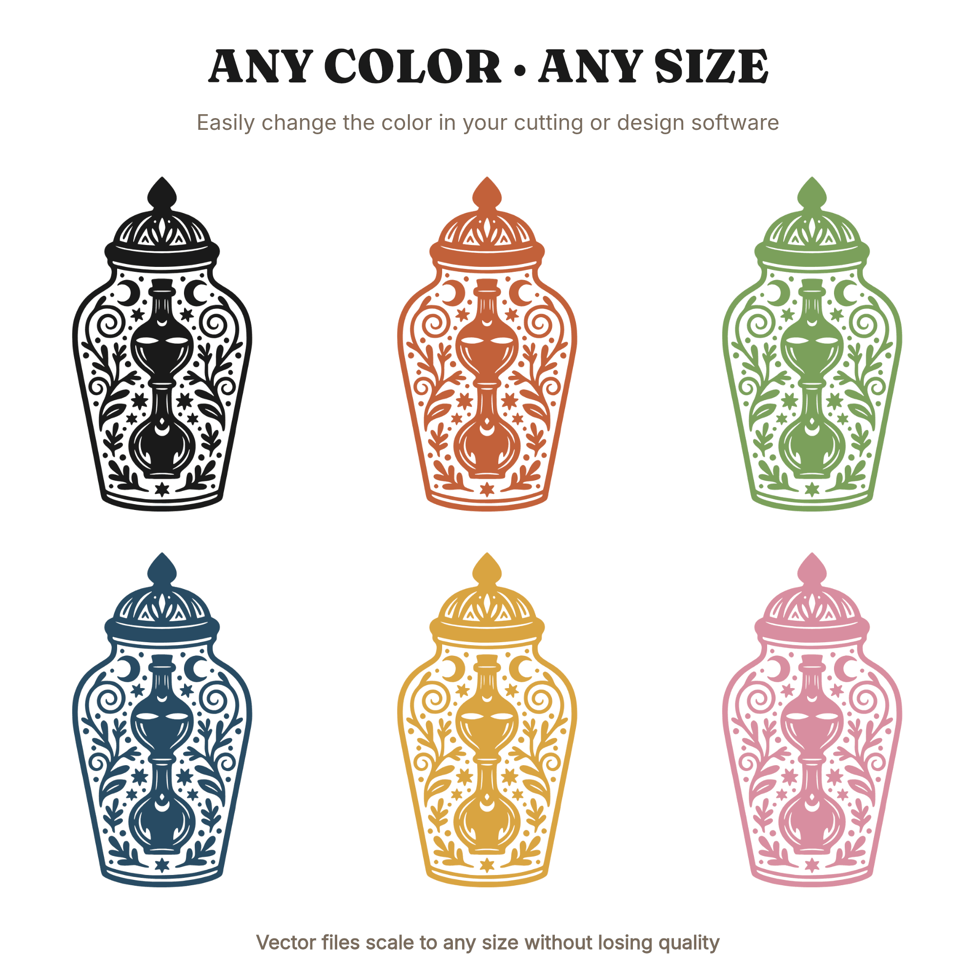 Vintage Apothecary Jar SVG PNG, Scandinavian Folk Art Potion Bottles Cut File for Halloween Crafts, view 2
