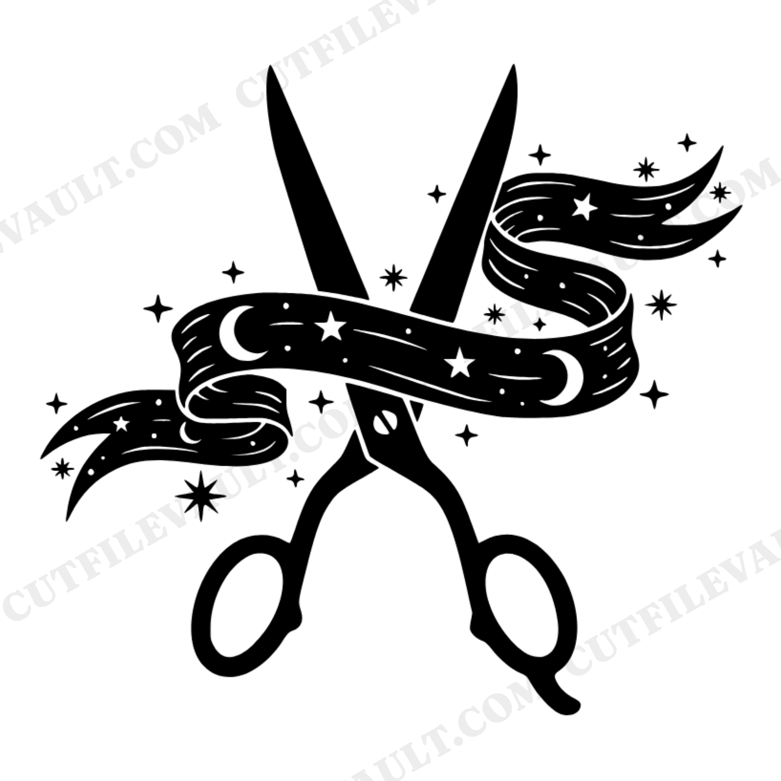 Celestial Scissors Cutting Ribbon SVG PNG, New Year Mystical Wall Decor Cut File, Stars Moon, view 1