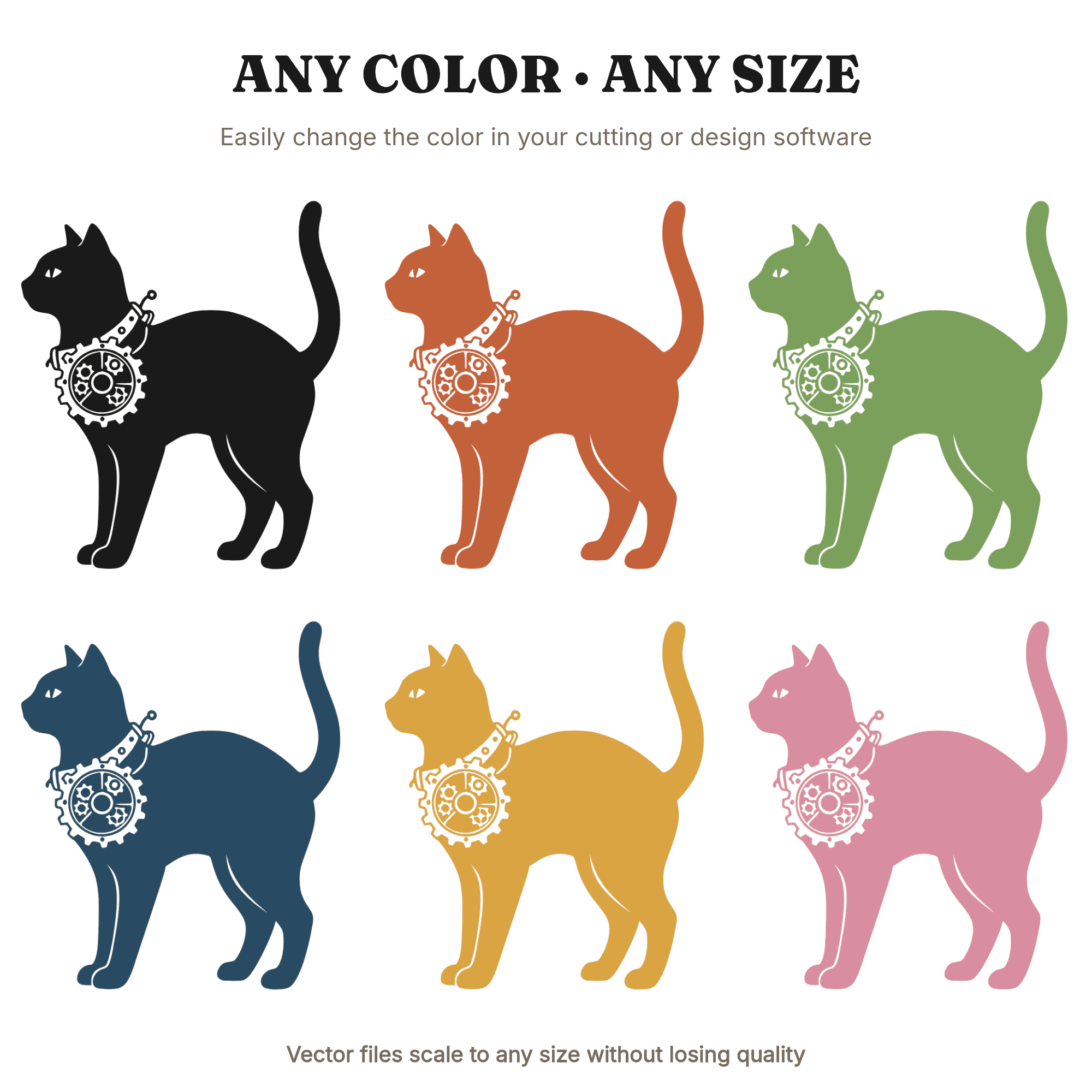 Steampunk Black Cat SVG, Retro 70s Halloween Cat with Gear Medallion PNG, Vinyl Cut File, view 2