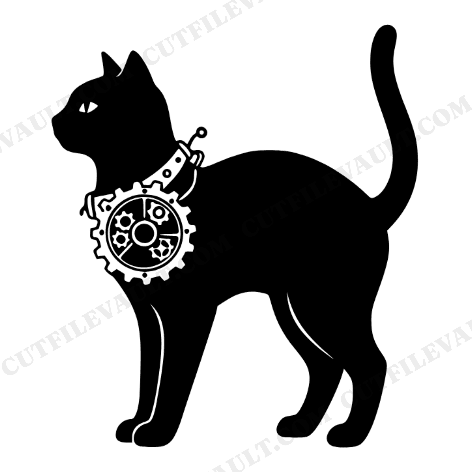 Steampunk Black Cat SVG, Retro 70s Halloween Cat with Gear Medallion PNG, Vinyl Cut File, view 1