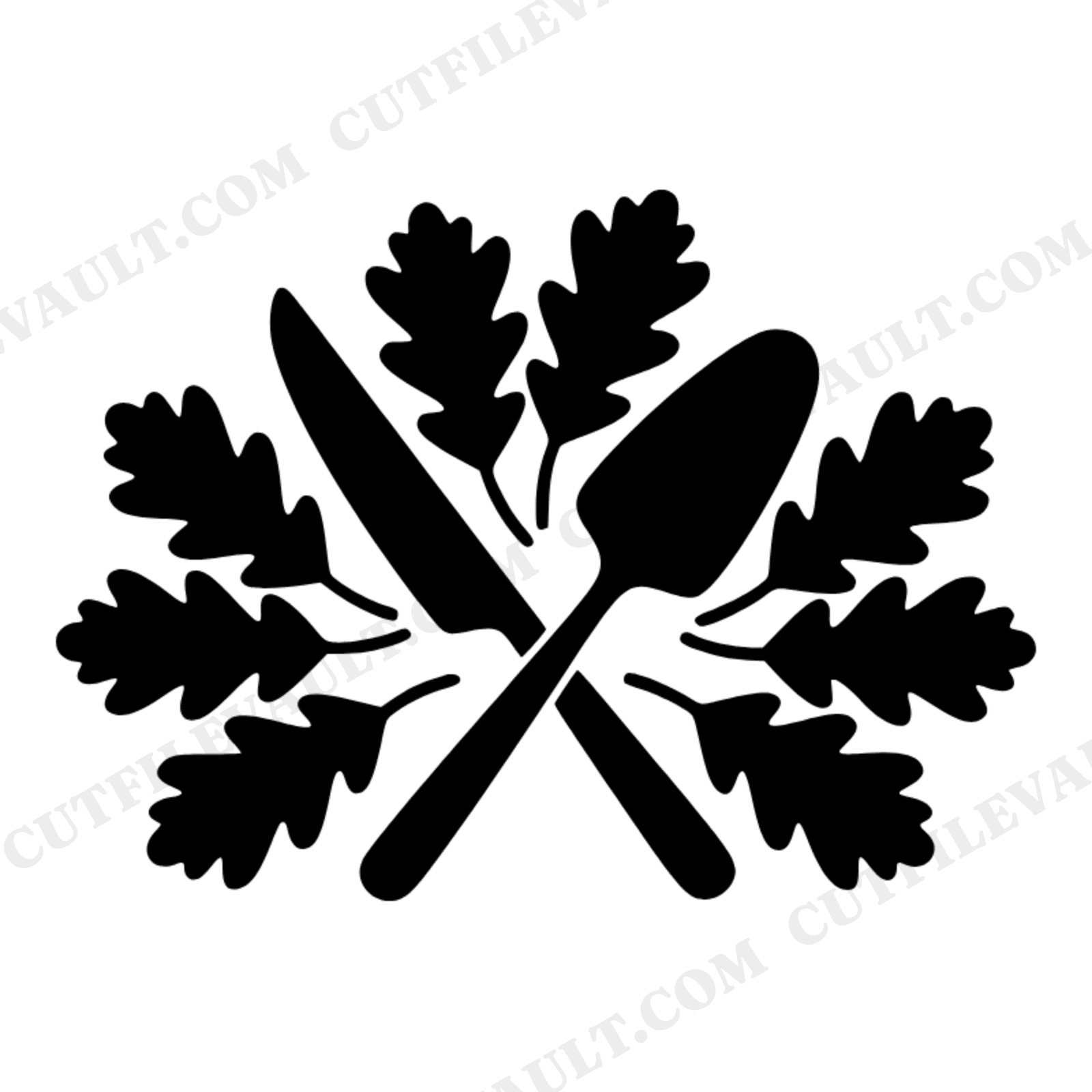 Crossed Cake Server Oak Leaf SVG PNG, Folk Art Wedding Decor Cut File, Autumn Halloween Reception, view 1