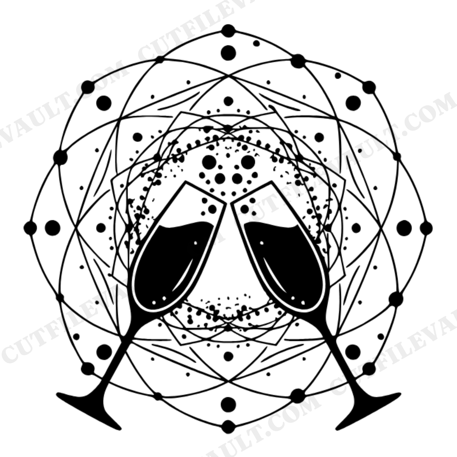 Celestial Champagne Toast SVG PNG, Overhead Flutes Bubble Mandala, New Year Celebration Cut File, view 1