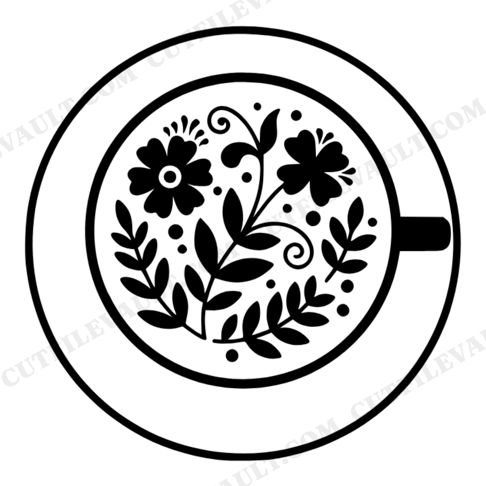 Mother's Day Teacup SVG Bird's Eye View Floral Silhouette PNG Vintage Botanical Cut File, view 1
