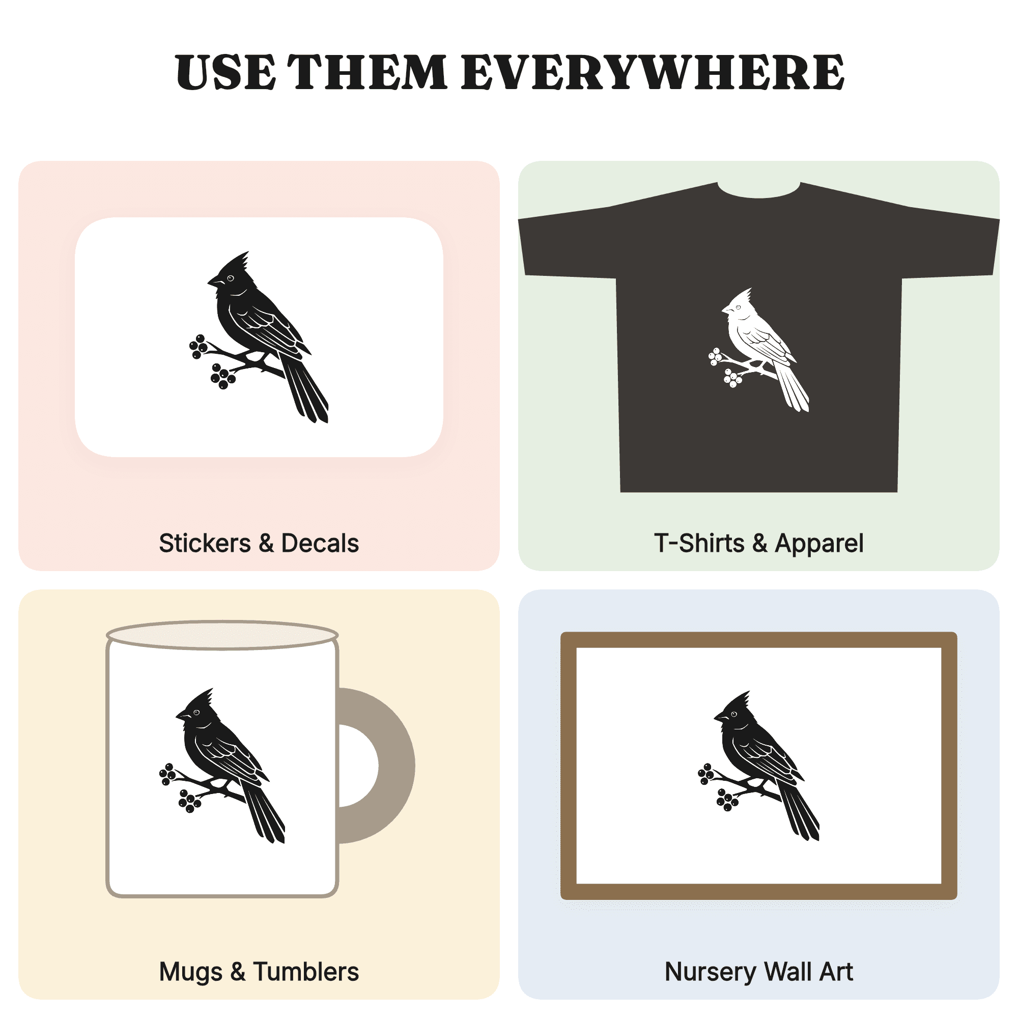Winter Cardinal on Berry Branch SVG PNG Art Deco Geometric Bird Silhouette Cut File, view 3