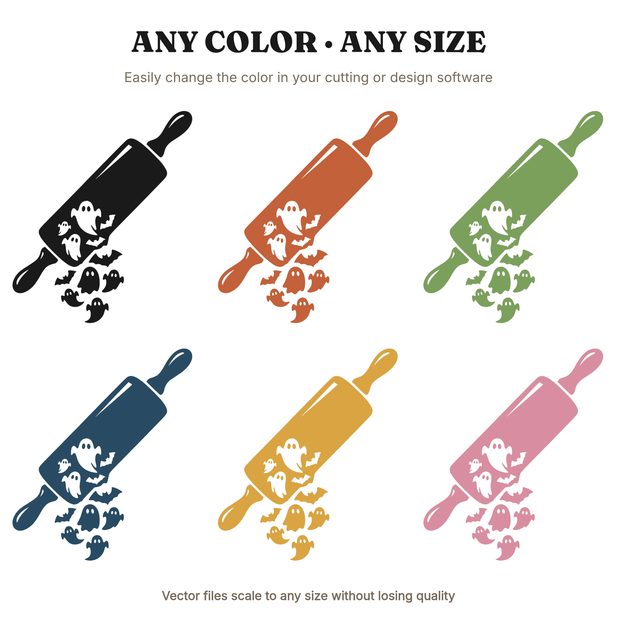 Rolling Pin Ghost Bat Cookie Cascade SVG PNG Halloween Kitchen Baking Cut File Brutalist, view 2