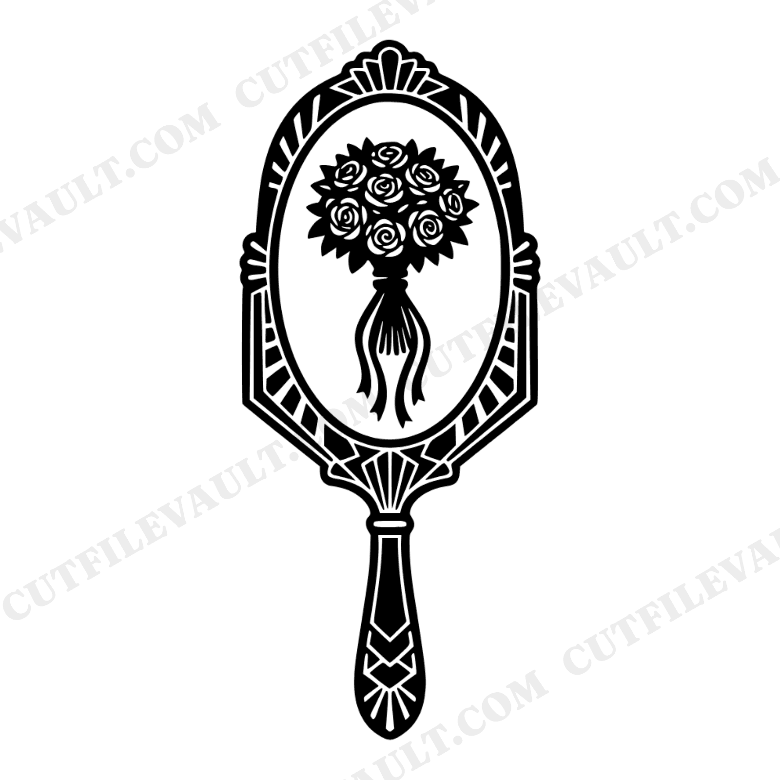 Art Deco Bridal Mirror SVG PNG, Vintage Hand Mirror with Bouquet Reflection Cut File for Wedding Decor, view 1