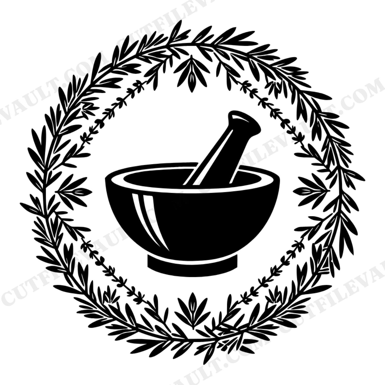 Art Deco Mortar and Pestle SVG PNG, Herb Wreath Top View, Kitchen Witch Apothecary Botanical Cut File, view 1