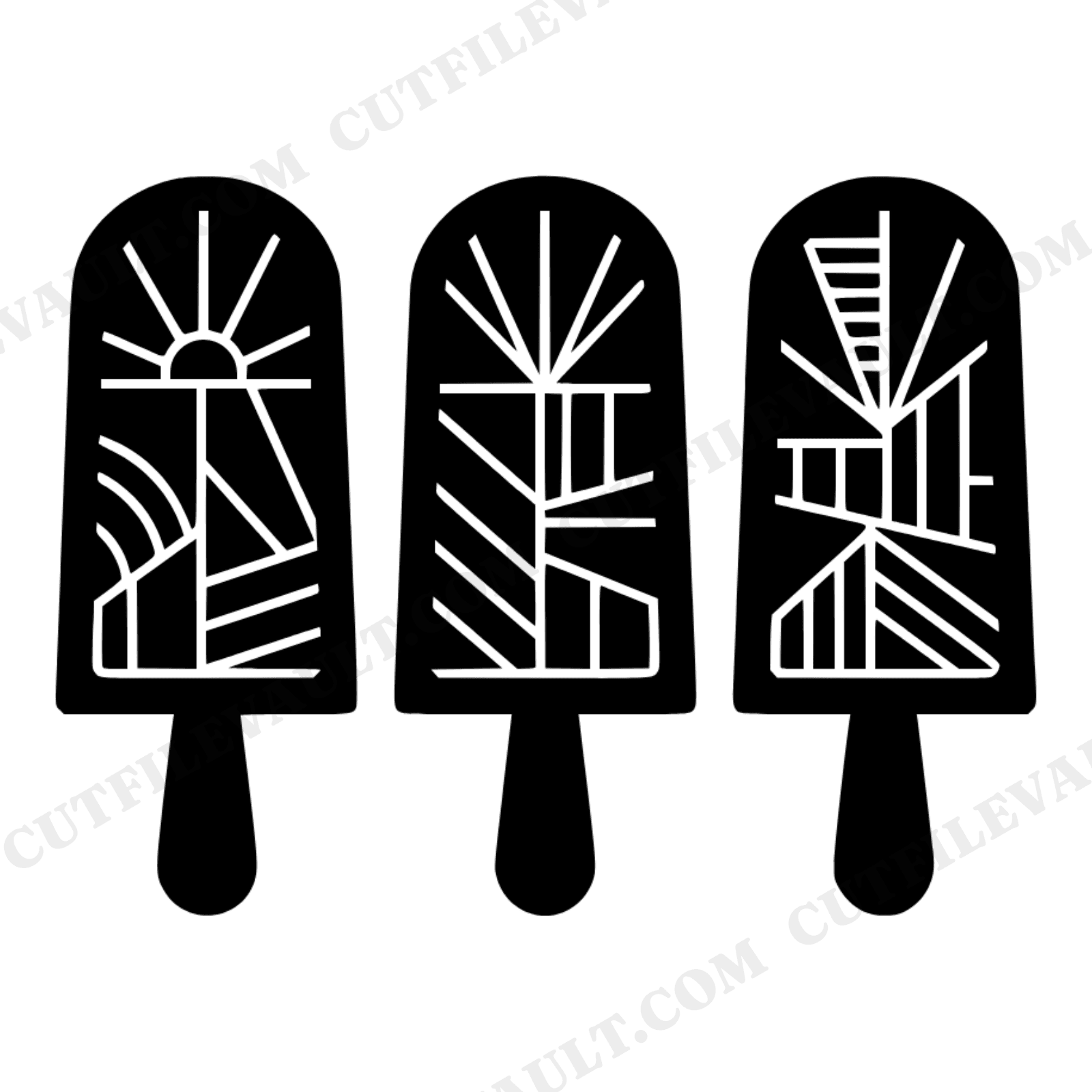 Art Deco Popsicle SVG PNG, Retro Ice Pop Trio Cut File, Vintage Ice Cream Stained Glass Design, view 1