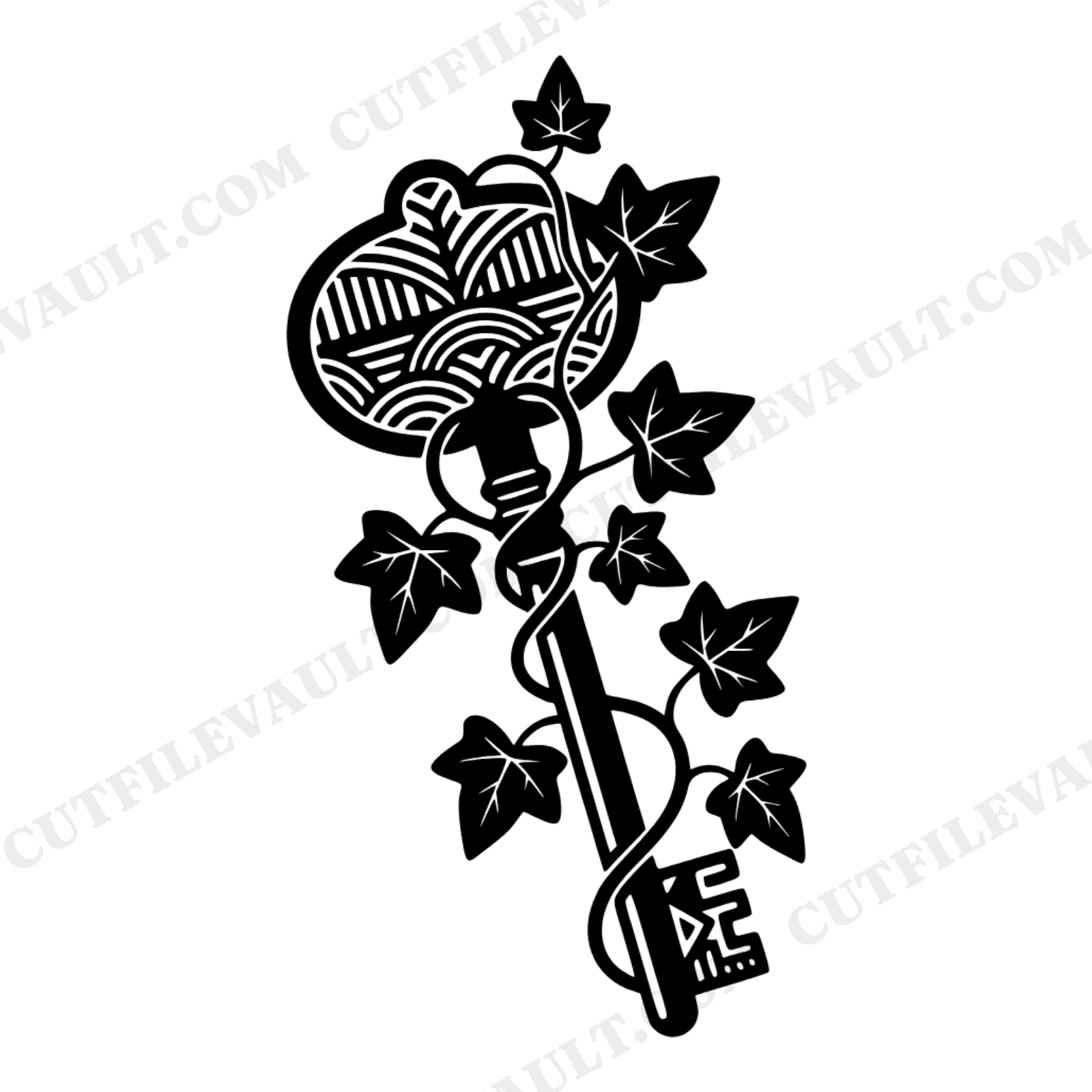 Art Deco Skeleton Key SVG PNG, Vintage Key with Ivy Botanical Specimen, Wedding Invitation Clipart, view 1