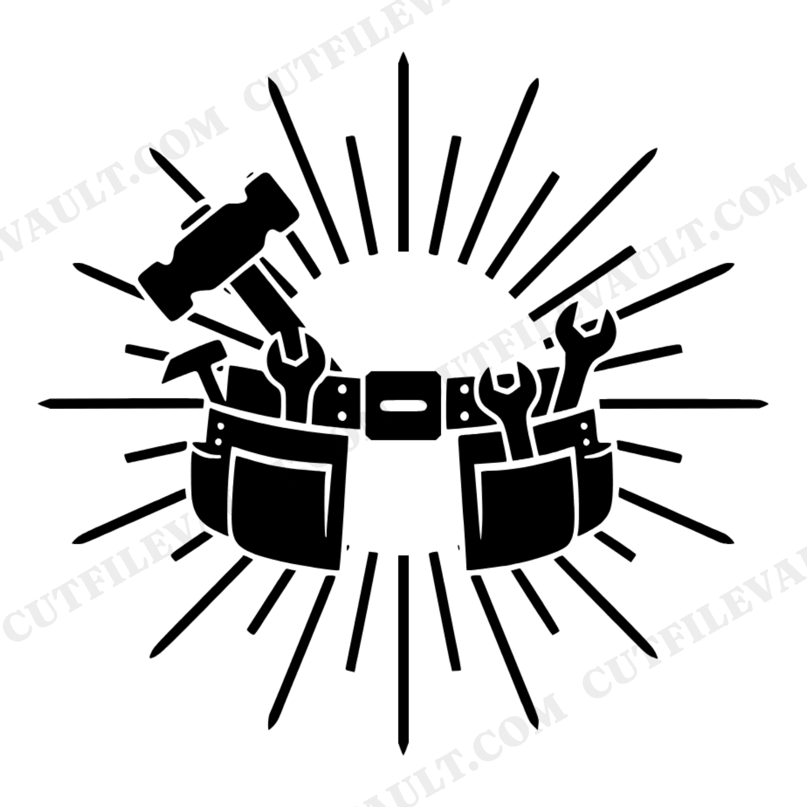 Art Deco Tool Belt SVG PNG, Sunburst Circle Craftsman Design, Labor Day Cut File, Geometric Tools, view 1