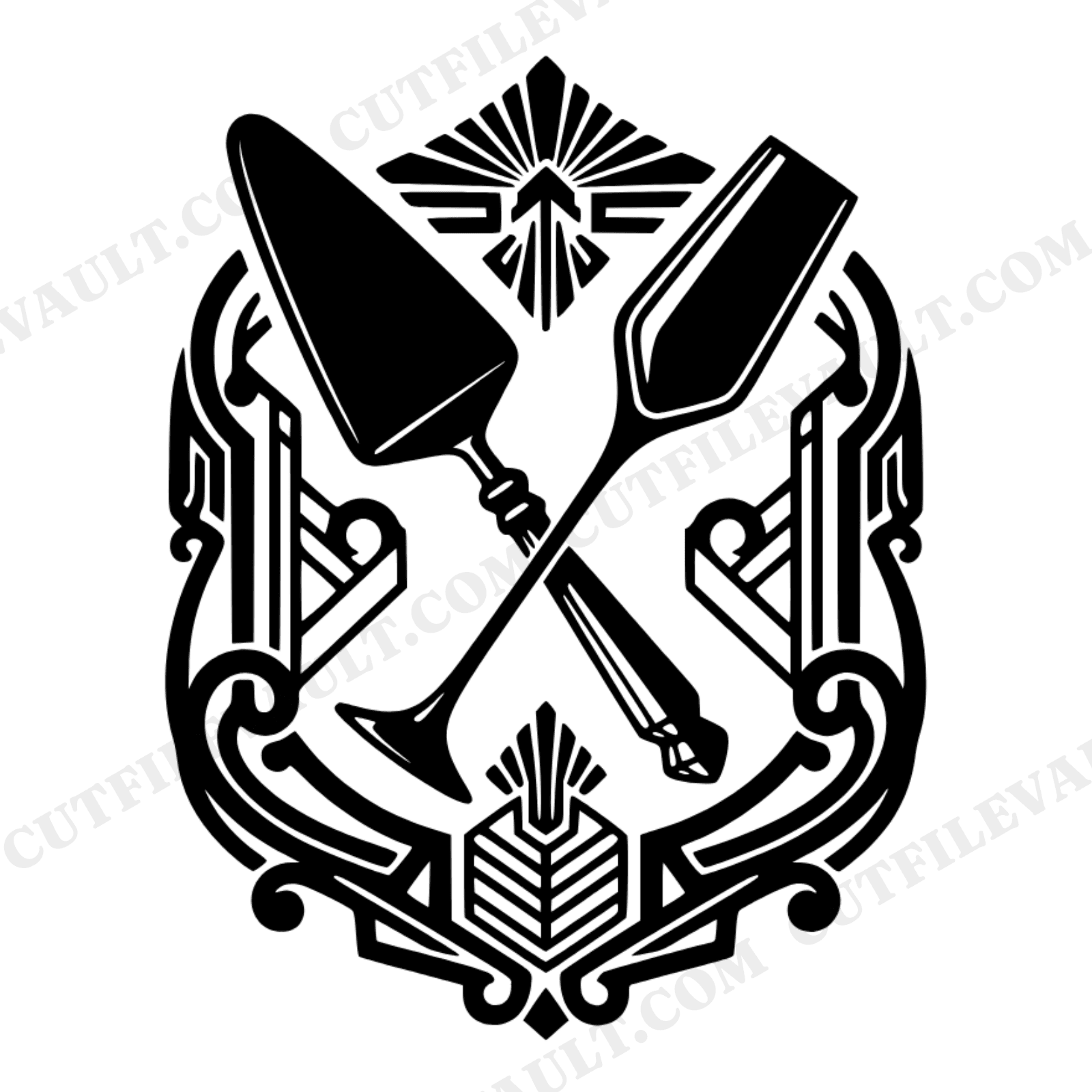 Art Deco Wedding Cake Server Champagne Flute SVG PNG Heraldic Crest Cut File Monogram, view 1