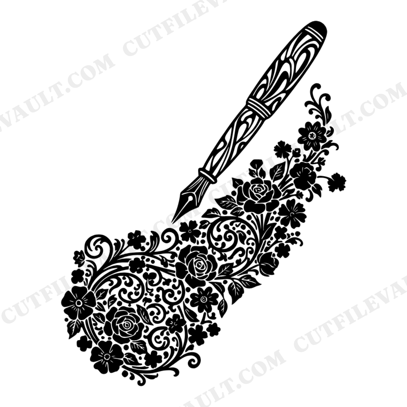 Art Nouveau Fountain Pen SVG PNG, Floral Ink Flourish Cut File, Cottagecore Writing Clipart, view 1
