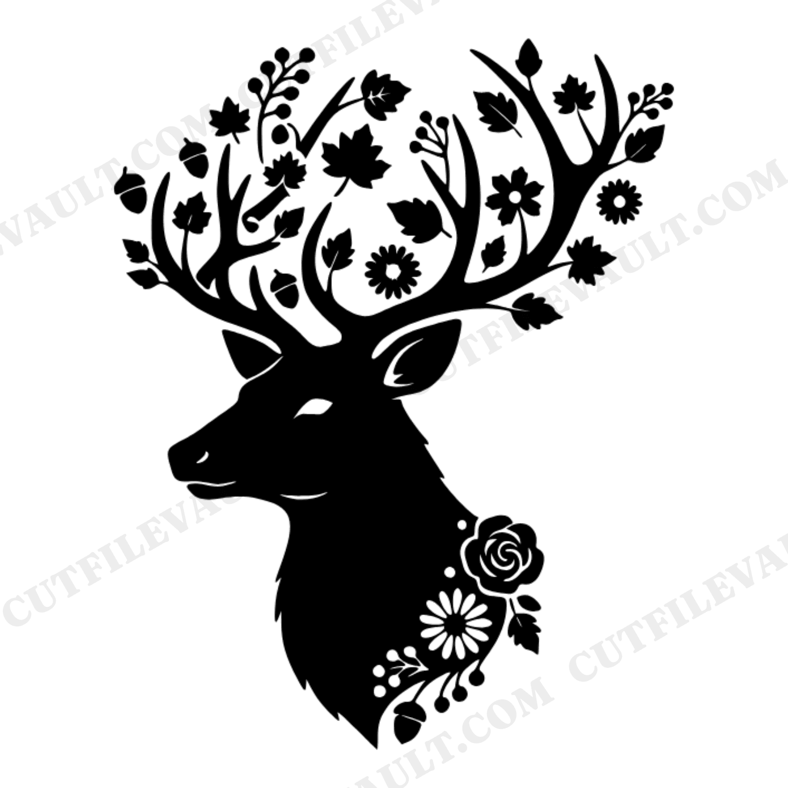Autumn Stag Monogram SVG PNG, Floral Deer Antlers Cut File, Fall Cottagecore Silhouette Design, view 1