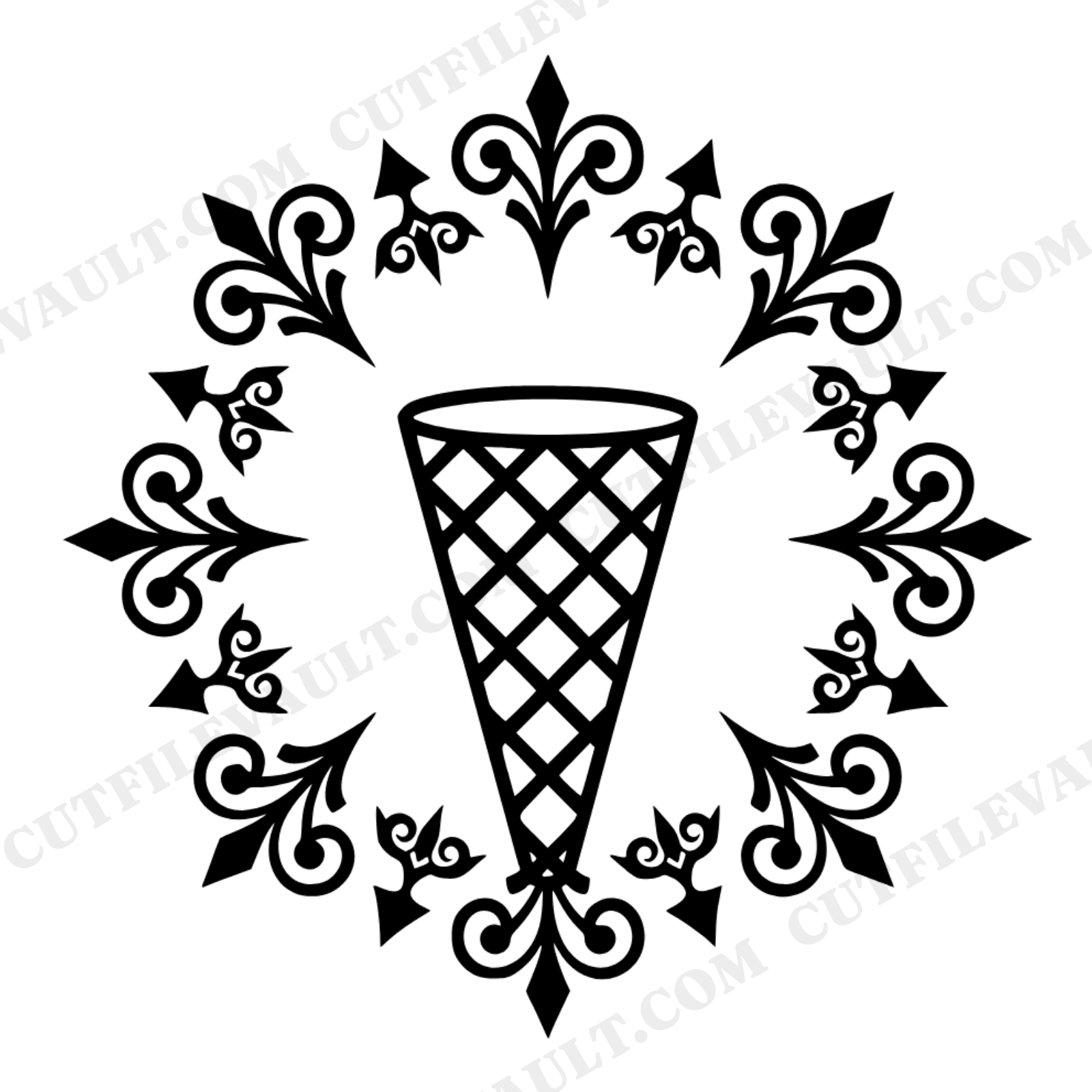 Baroque Waffle Cone SVG PNG, Ornamental Ice Cream Silhouette, Summer Celebration Cut File, view 1