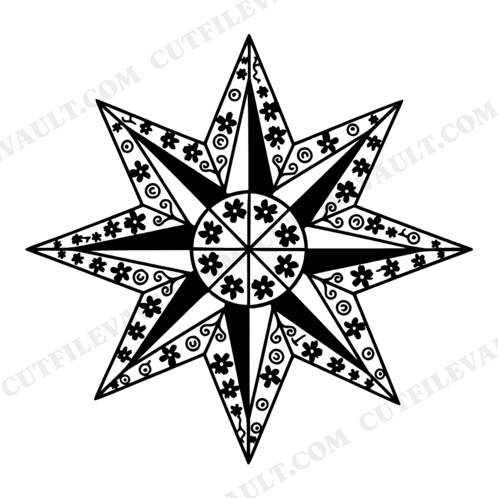 Blooming Compass Rose SVG PNG Stained Glass Navigation Star Floral Cottagecore Cut File Cricut, view 1