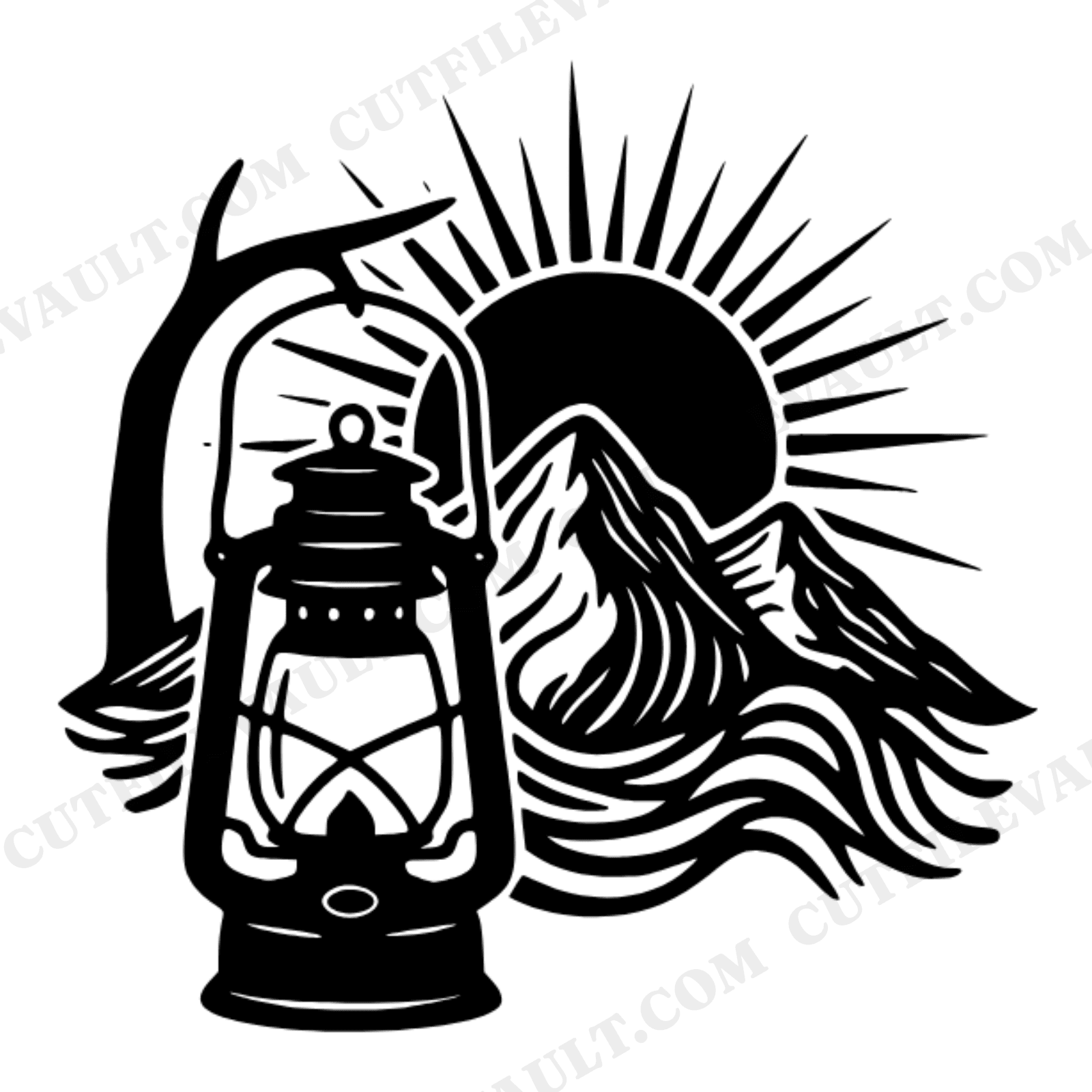 Boho Lantern Mountain Sunset Camping SVG PNG, Vintage Coleman Lantern Silhouette Cut File, view 1
